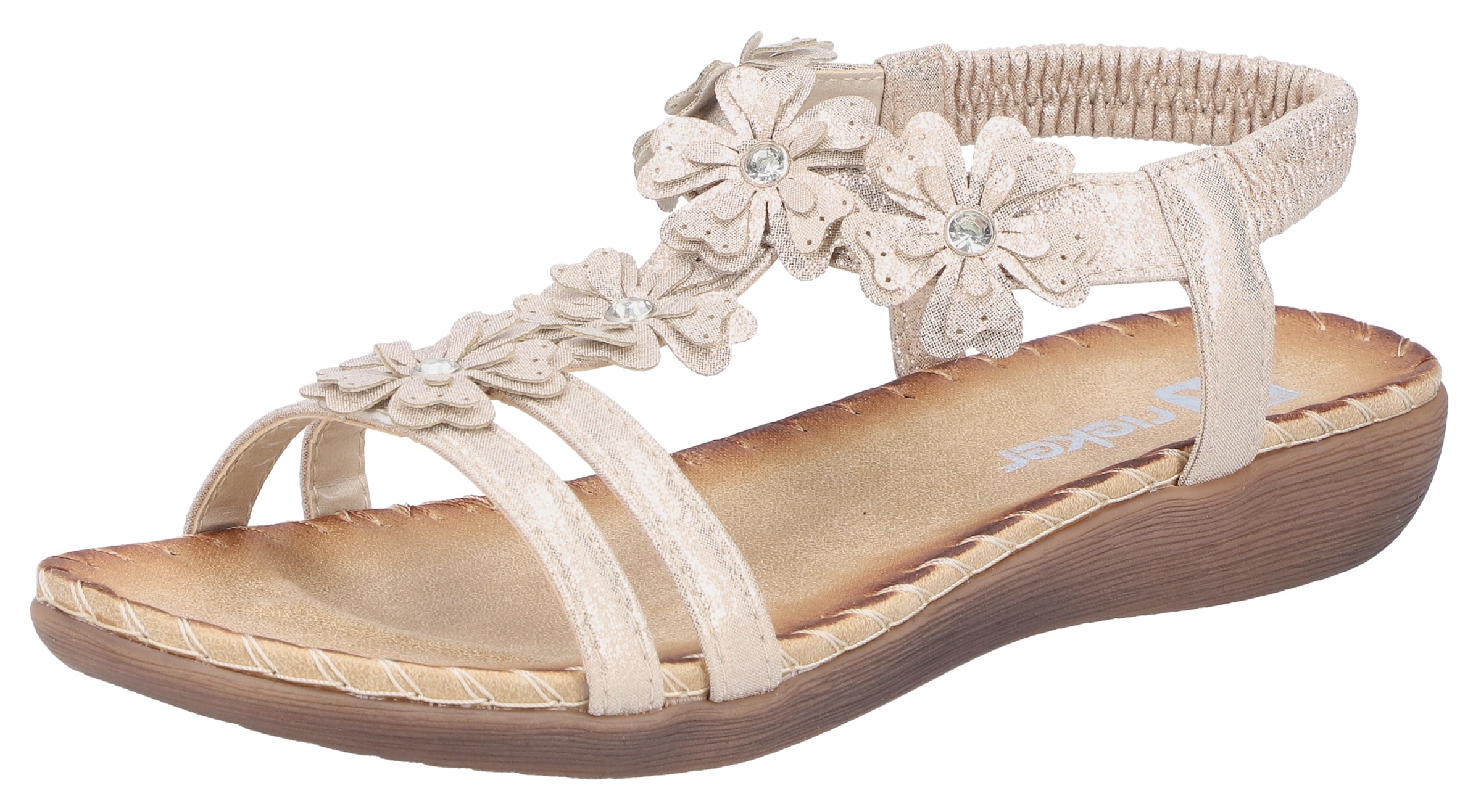 Image of Rieker Sandale Sommerschuh, Urlaubsschuh mit Blütenverzierung und Glitzersteine