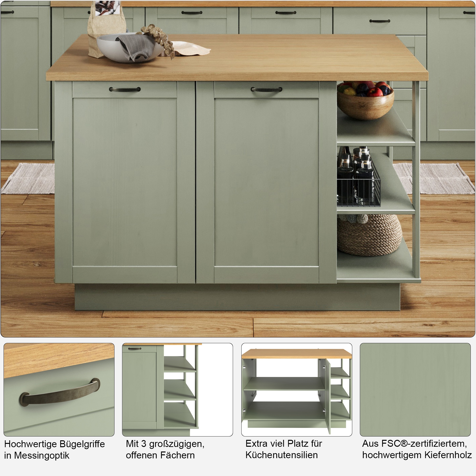 Home affaire Ilot de cuisine »Teramo« largeur 130 cm, 4 portes, 3 compartiments ouverts