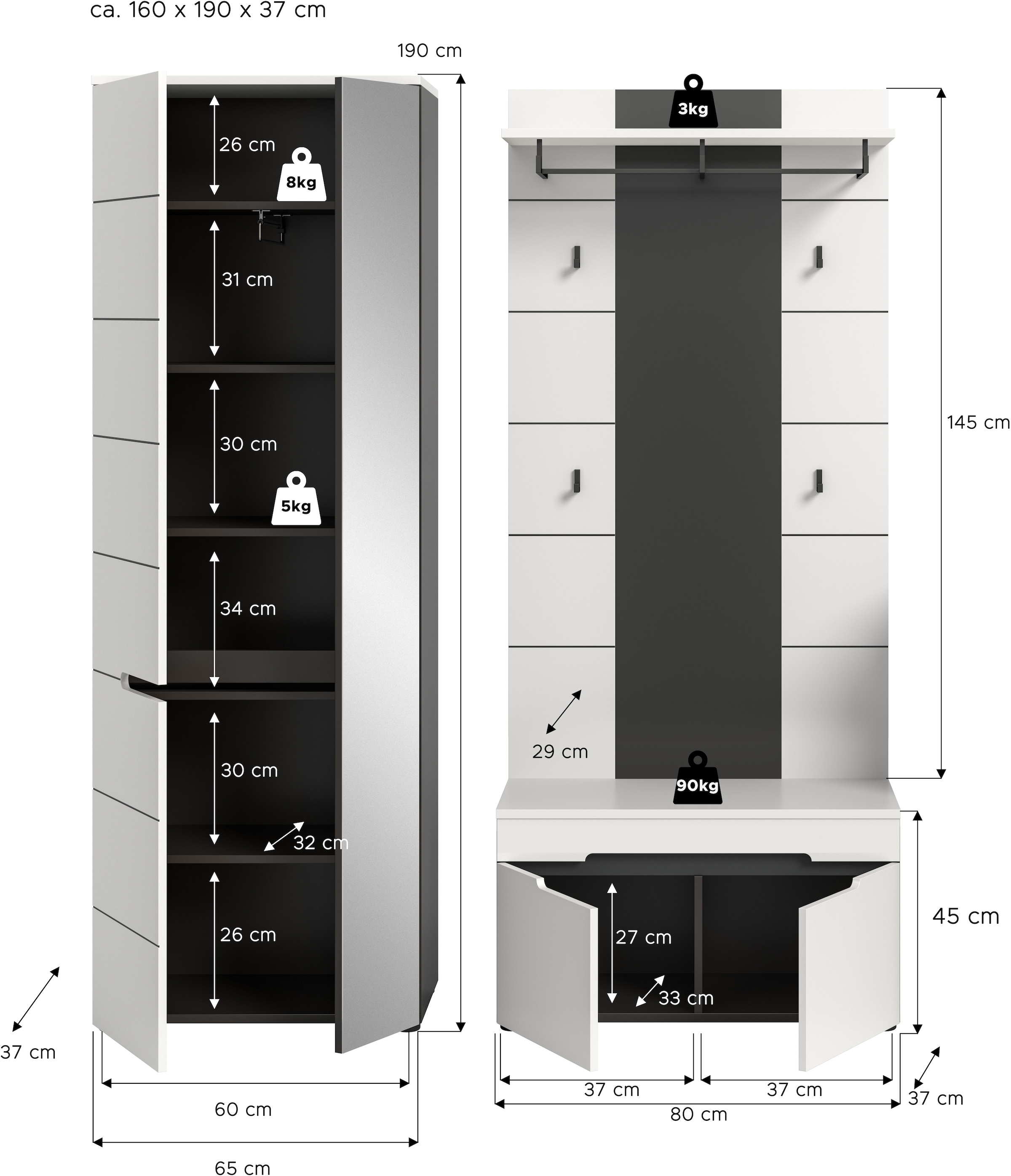 INOSIGN Ensemble de vestiaires »REHAT, TOPSELLER!, 3-teilig, Breite 160 cm, individuell erweiterbar« Set, bestehend aus: Garderobenschrank, Sitzbank und Paneel, 3 cuis tlg.