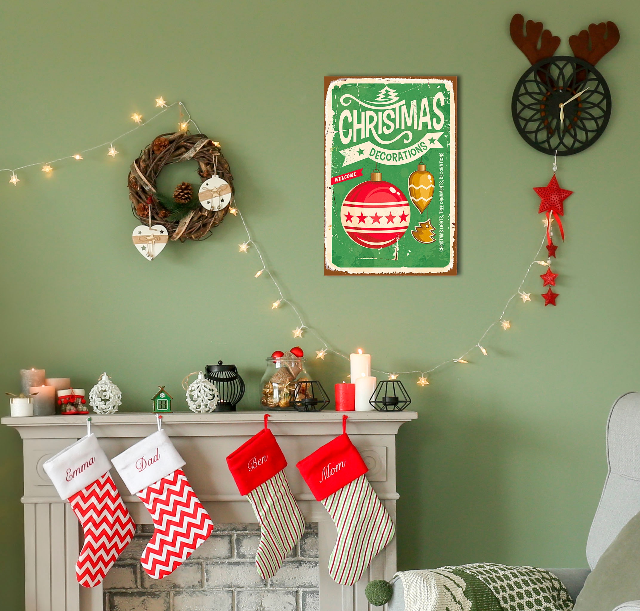 Image of queence Metallbild "Christmas Decorations" Schriftzug Schriftzüge Weihnachten Weihnachtsbaumkugel 1 Stk. tlg. Stahlschilder