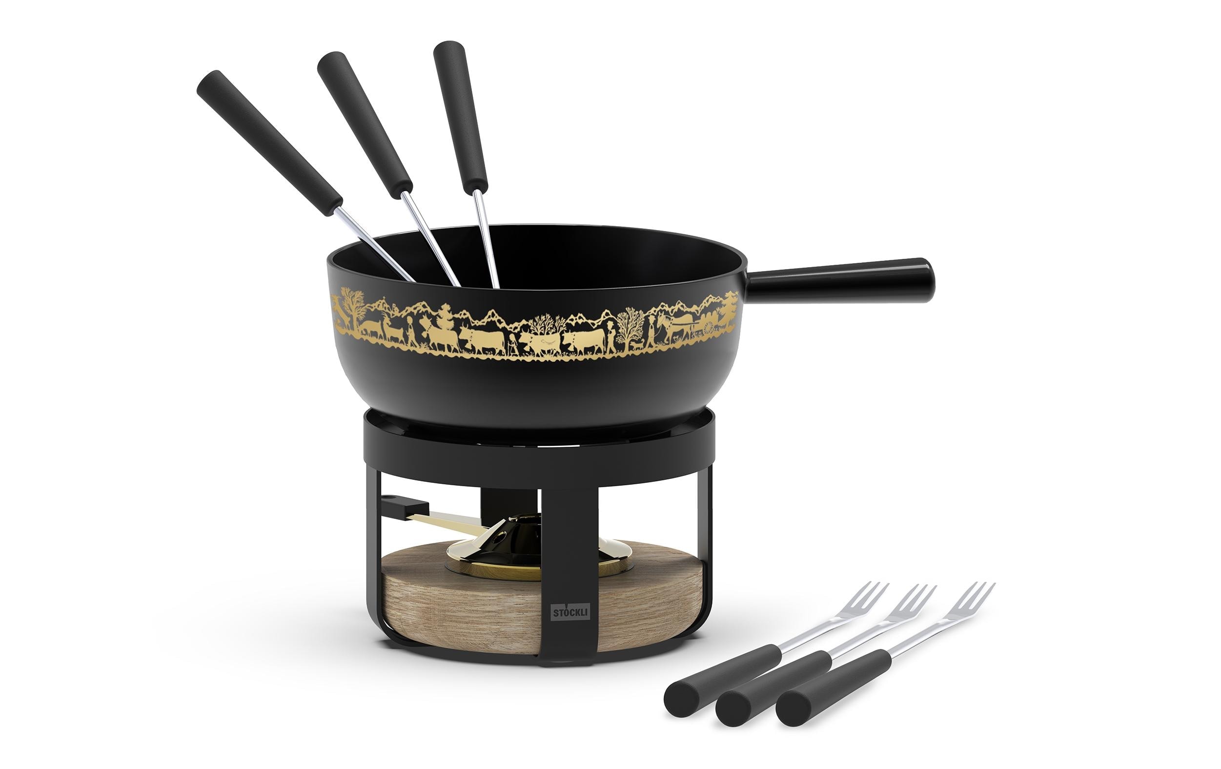 Stöckli Fondue »Pilatus 8 Teile« Traditionelles Gusseisen-Fondue-Set mit Alp-Dekor und Holz-Rechaud