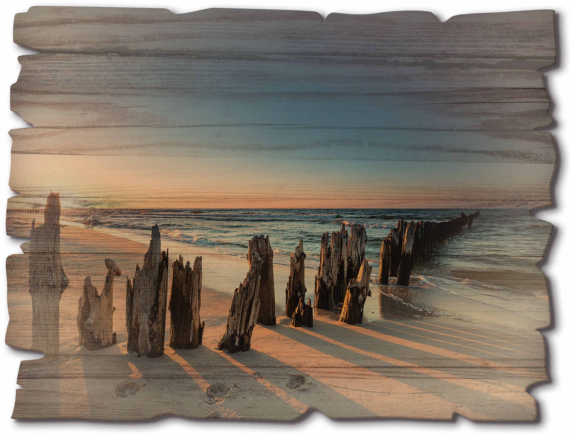 Image of Artland Holzbild "Sonnenuntergang Strand Wellenbrecher" Meer Bilder 1 Stk. tlg.