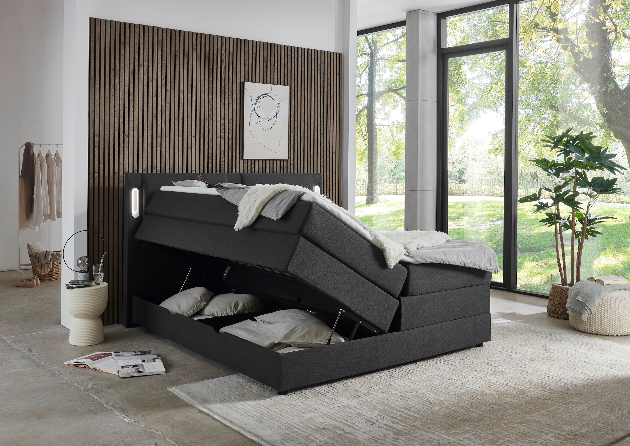 INOSIGN Boxbett »Elverta inkl. Bettkasten und LED-Beleuchtung«, erhältlich in der Breite 180x200cm, Kopfteil in Kissenoptik