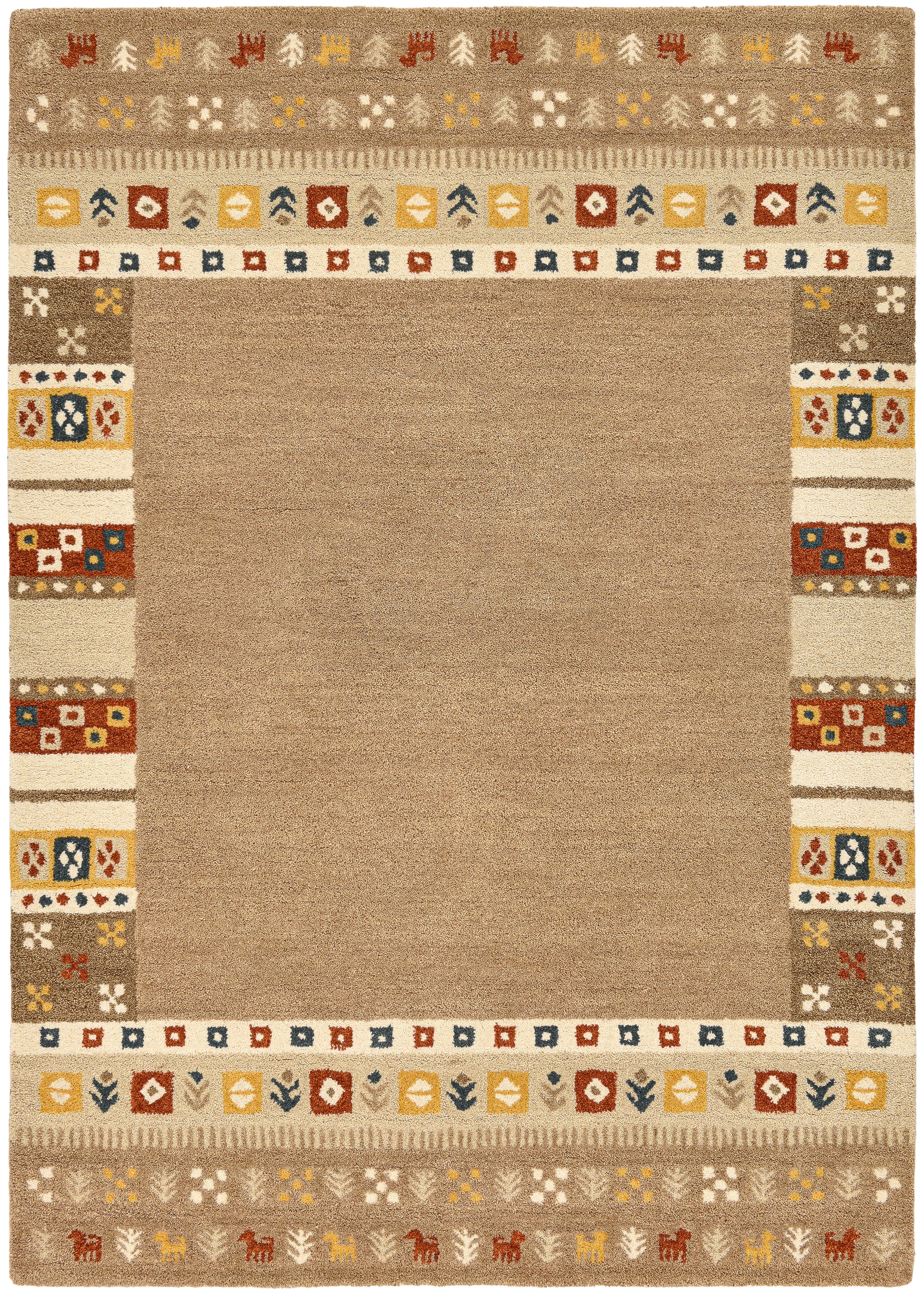 THEKO Tapis en laine »Gabbeh Rahmen, reine Wolle, Handgefertigt, mit Bordüre« Rectangulaire 14 mm Höhe Motif animalier, salon, chambre à coucher, salle à manger