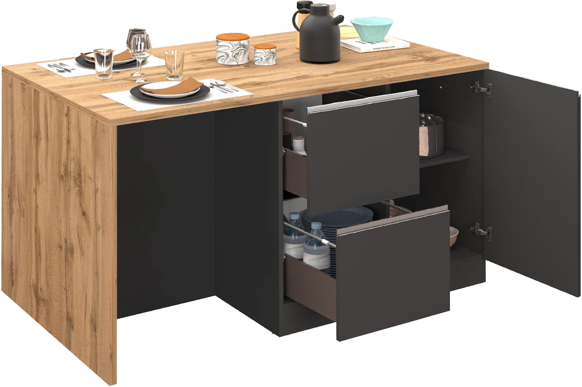 KOCHSTATION Ilot de cuisine »KS-Sole, Kochinsel, Küchenarbeitsblock, Inselküche, Arbeitsinsel« Breite 152,5 cm, mit Essplatz, Handtuchhalter, Fächer und Weinregal