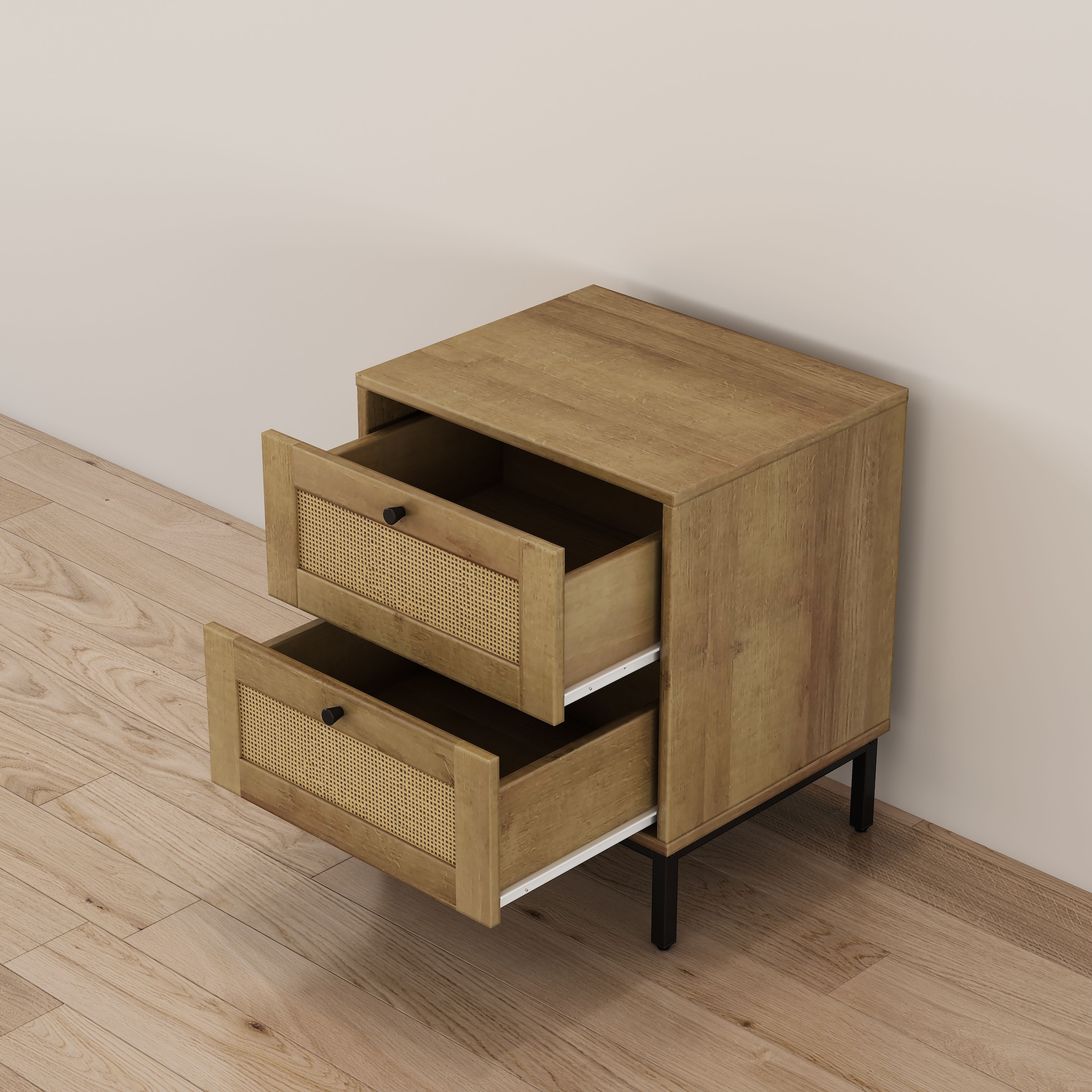 GOODproduct Nachtkommode »Motala Nachtschrank Set BOHO Style mit Geflecht Schubladen Bestseller« Set, 2 Schränke im Set - Eichen-Design mit schwarzen Griffen, 