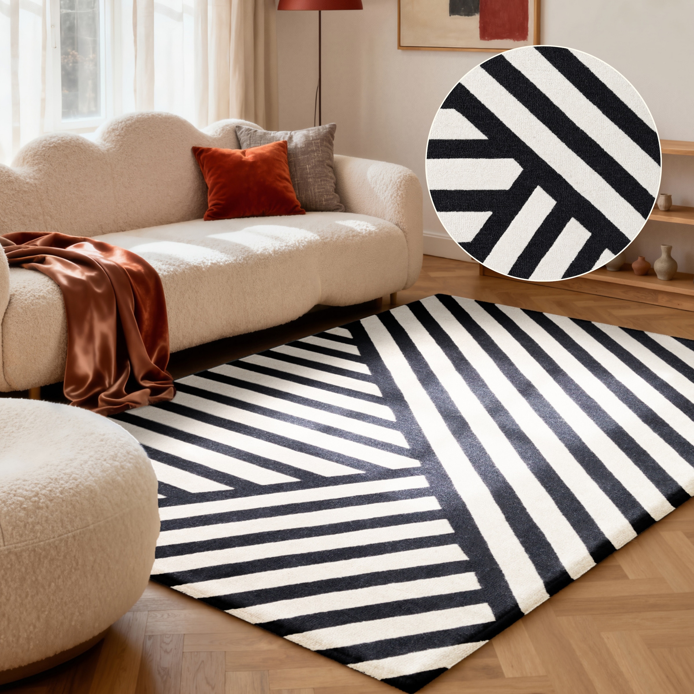 Image of ELLE DECORATION Wollteppich "Noir" rechteckig 12 mm Höhe Wolle, Natur, Wohnzimmer, schwarz weiss, Modern, Geometrisch, Streifen