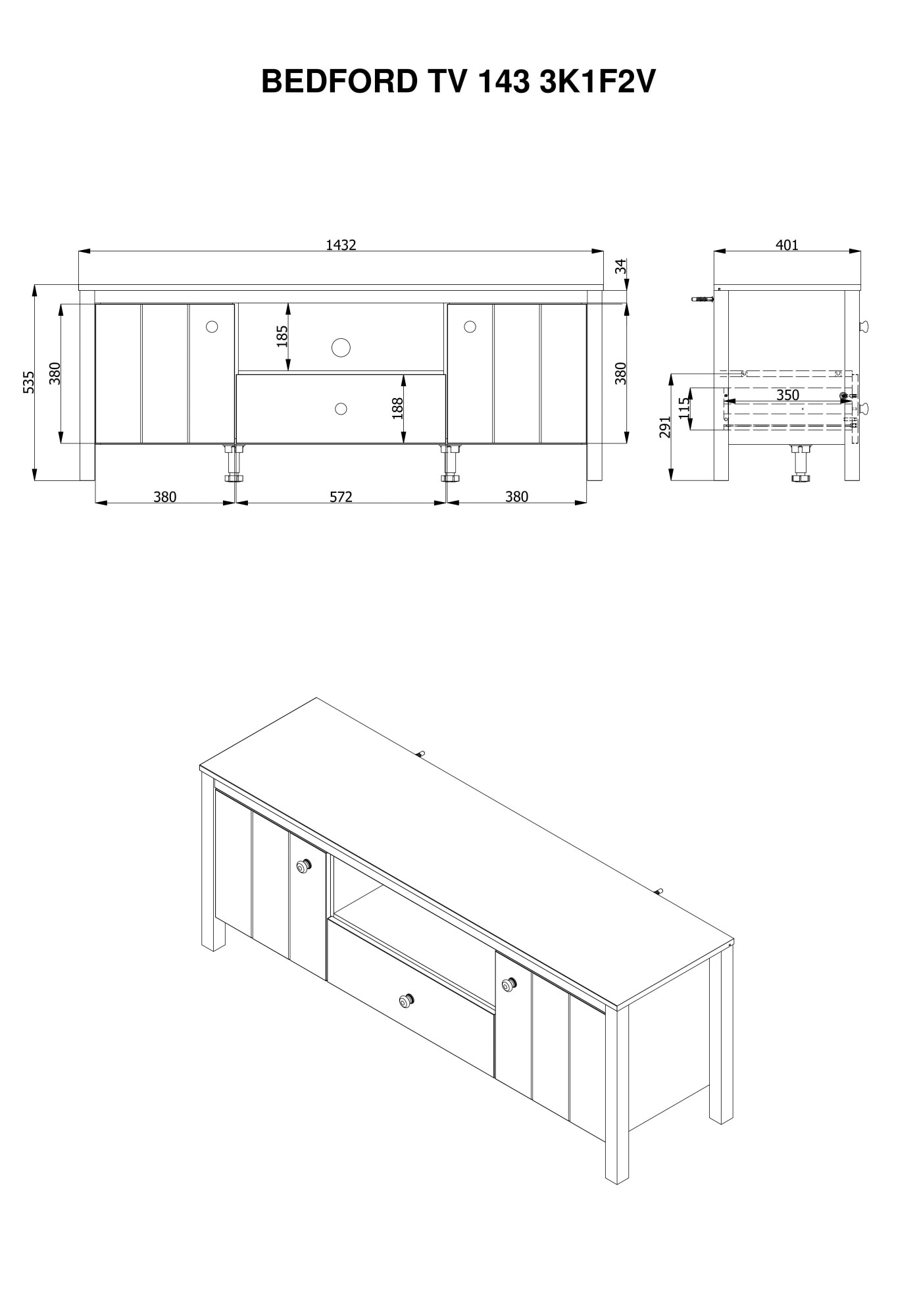 Home affaire Lowboard »BEDFORD, TV-Board, TV-Kommode, TV-Schrank, TV-Unterschrank, TV-Möbel« MDF-Profil 2D ummantelt, Hotstamping