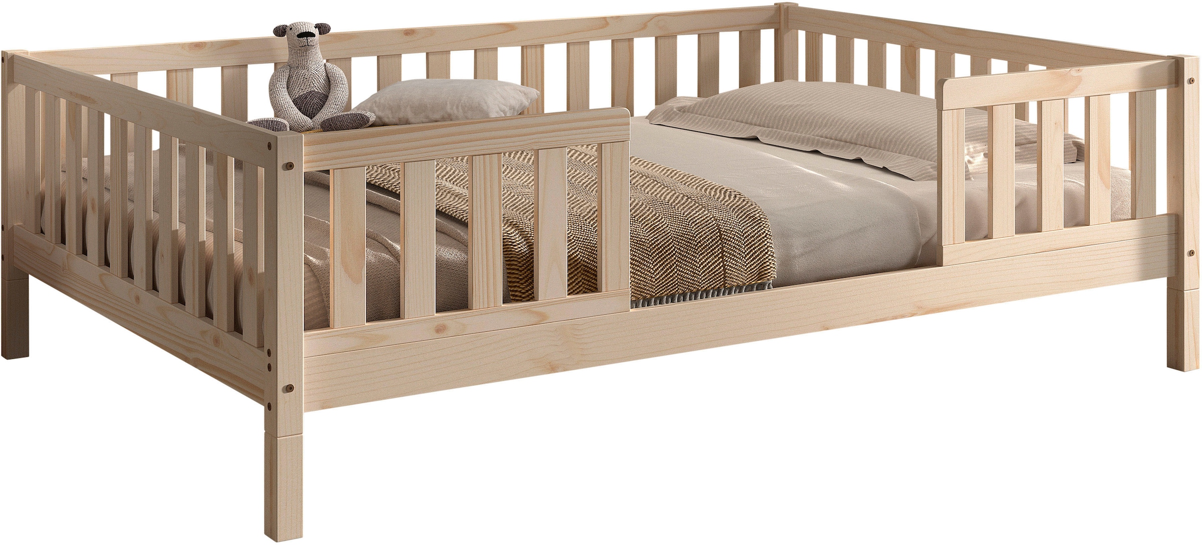 Vipack Kinderbett »Dallas, massiv Bett, Rausfallschutz, umbaubar vom Boden- zum Daybett« inkl. Rolllattenrost und Sprossenumrandung, 90 oder 140x200 cm breit,  stabil und standfest gebaut, wahlweise Kiefer massiv natur oder weiss