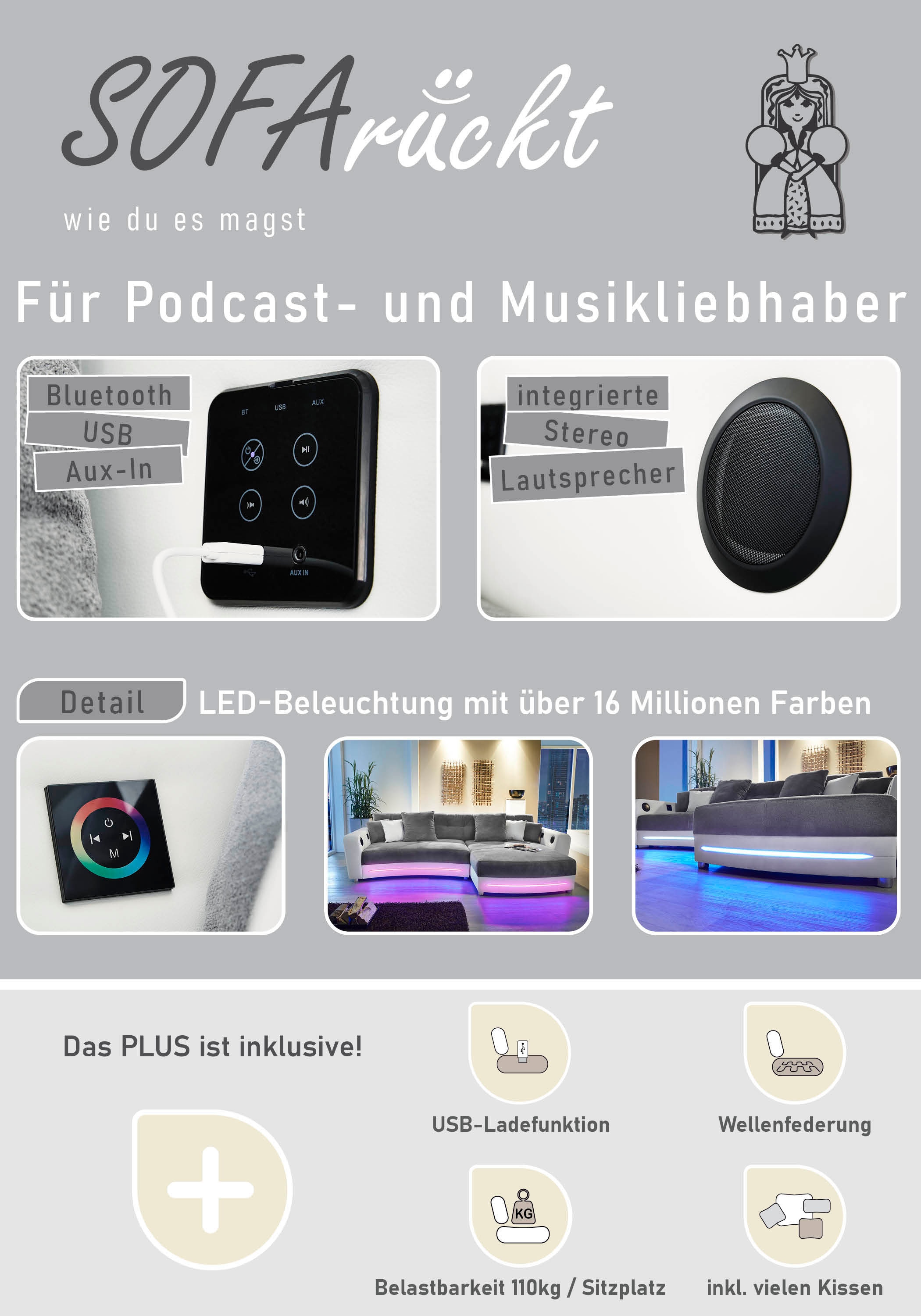 Jockenhöfer Gruppe Ecksofa »Laredo L-Form, B: 322 cm« mit RGB-LED-Beleuchtung, Soundsystem & Zierkissen