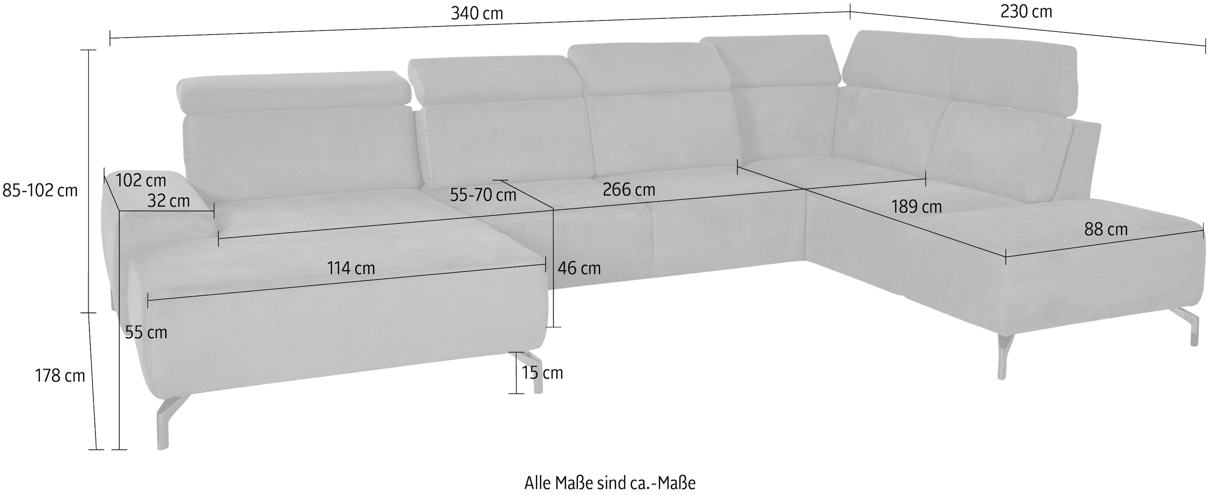 sit&more Wohnlandschaft »Gizeh U-Form«, 15 cm Fusshöhe, inklusive Sitztiefenverstellung und Kopfteilverstellung