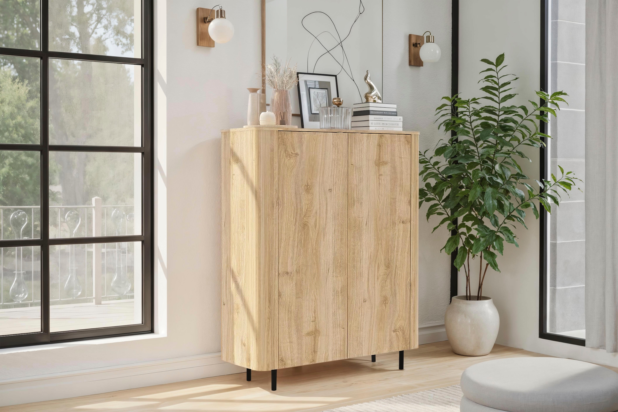 Home affaire Highboard »Murano, B/H 131/154 cm, 2 Türen, Stauraumschrank, Hochkommode« Formgebogenes MDF, Stirnseiten mit Rundung, Füsse und Griffe aus Metall