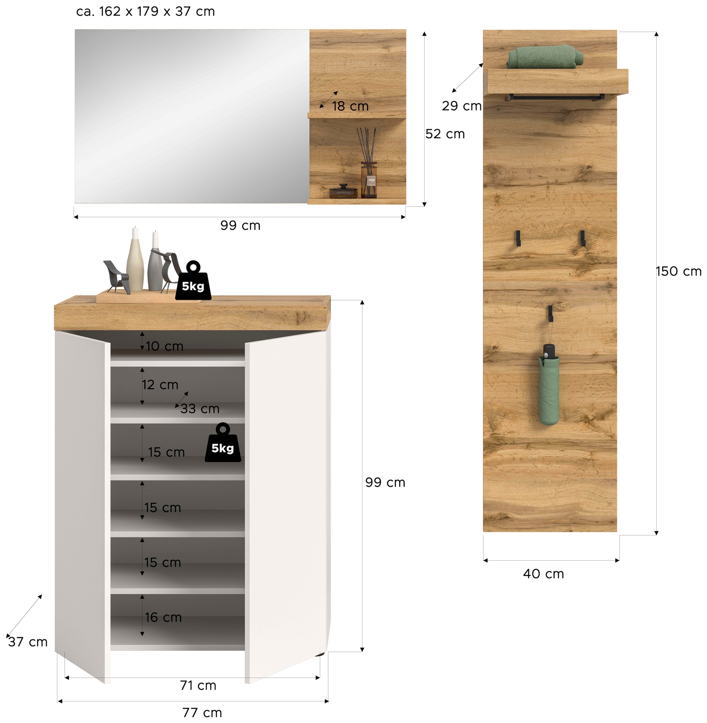 GOODproduct Garderoben-Set »MAMBO, 3-teilige Kombination, stehend & hängend montierbar« bestehend aus: Kommode, Spiegel, Garderobenpaneel, 3 Stk. tlg.