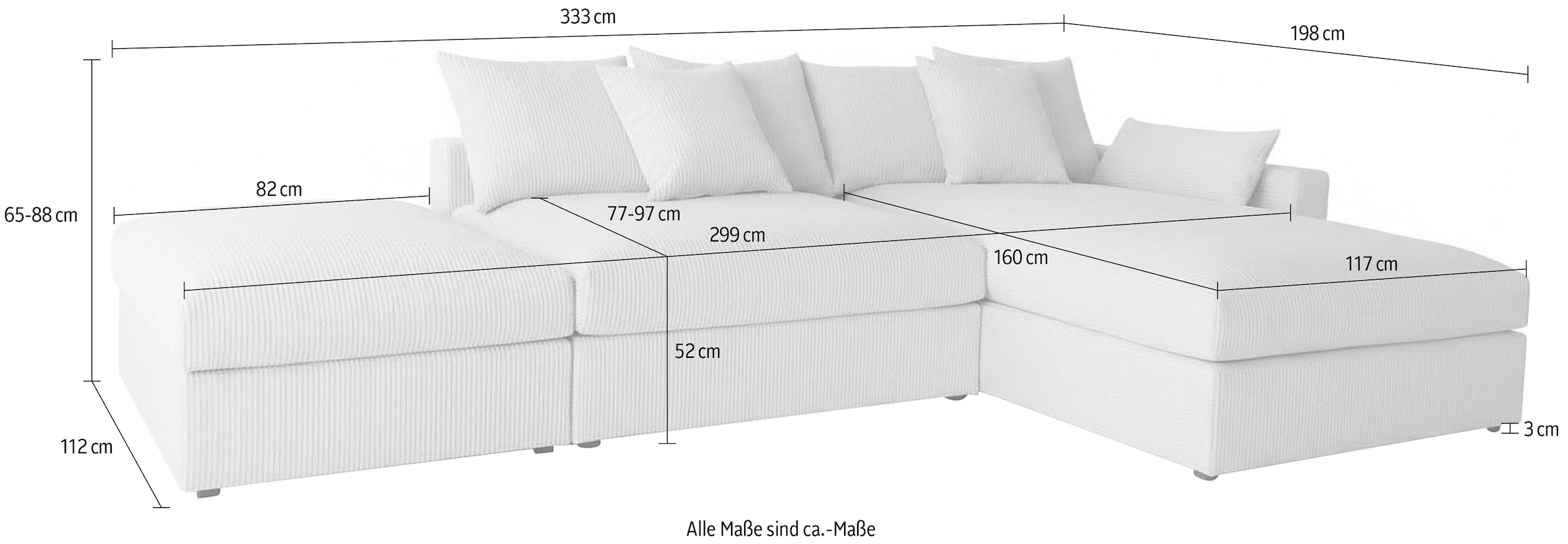 GOODproduct Canapé d'angle »Cosy Lounge L-Form, Breite 333 cm« méga canapé recouvert de velours côtelé, avec ressorts et 4 coussins décoratifs