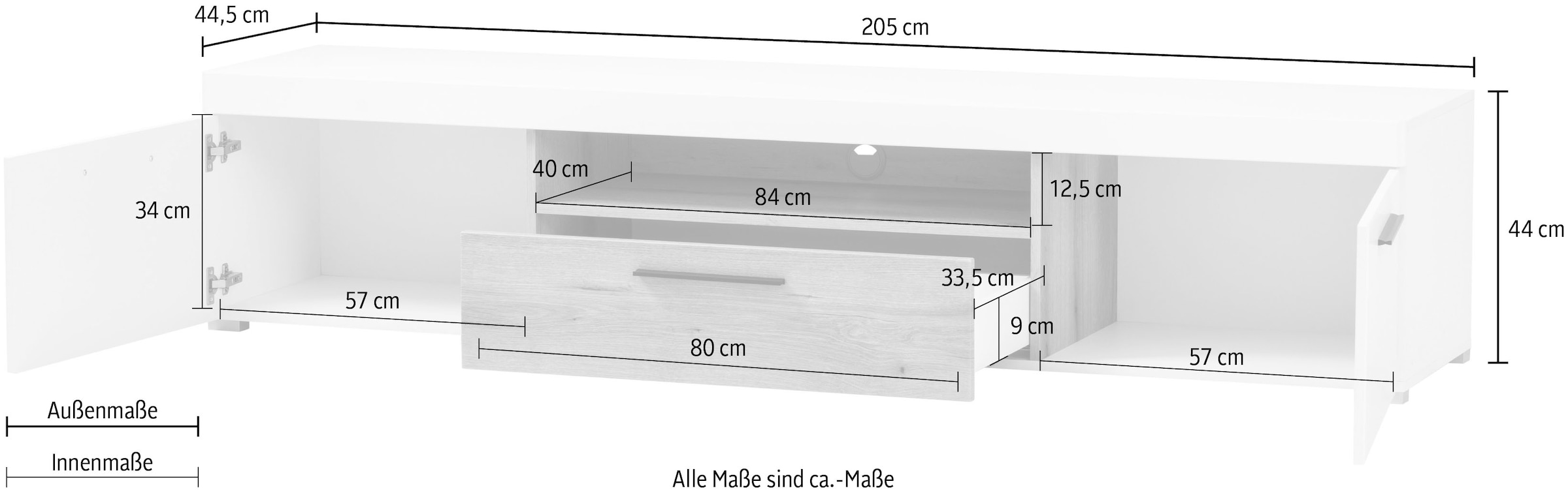INOSIGN Lowboard »Salerno, moderner Unterschrank, Kommode in Weiss mit Eiche Evoke Dekor«, Metallgriffe, ausreichend Stauraum, vielseitig einsetzbar, 205cm breit
