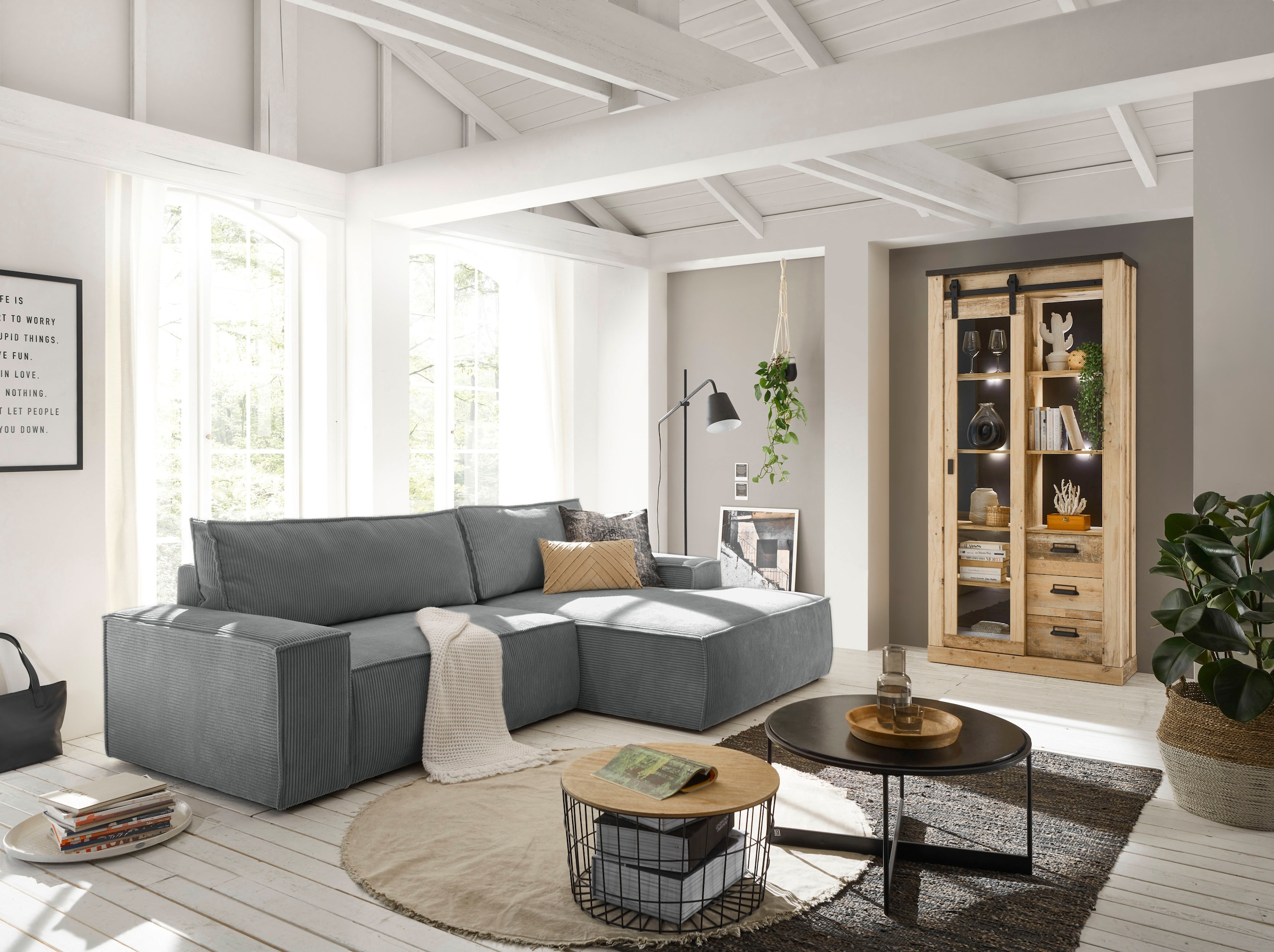 Home affaire Ecksofa SHERWOOD Schlafsofa 267 cm, L-Form, Schlaffunktion mit Bettkasten (210x136 cm), Cord, Vintage, Samtvelours