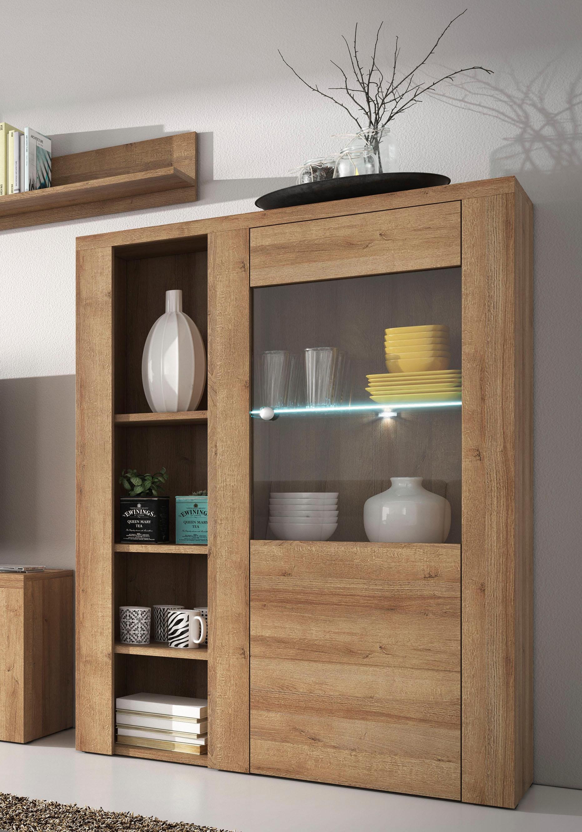 Home affaire Vitrine »Larona, zeitlose Glasvitirne, Hochschrank Höhe 145 cm«, Stauraumvitrine mit dekorativer Rahmenoptik