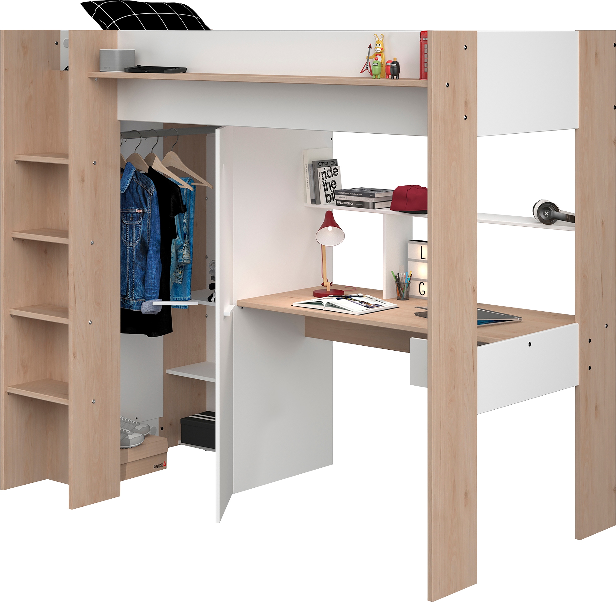 Parisot Hochbett »Heavy«, ALL-IN-ONE, mit Kleiderschrank, Schreibtisch, Leiter, Stauraum