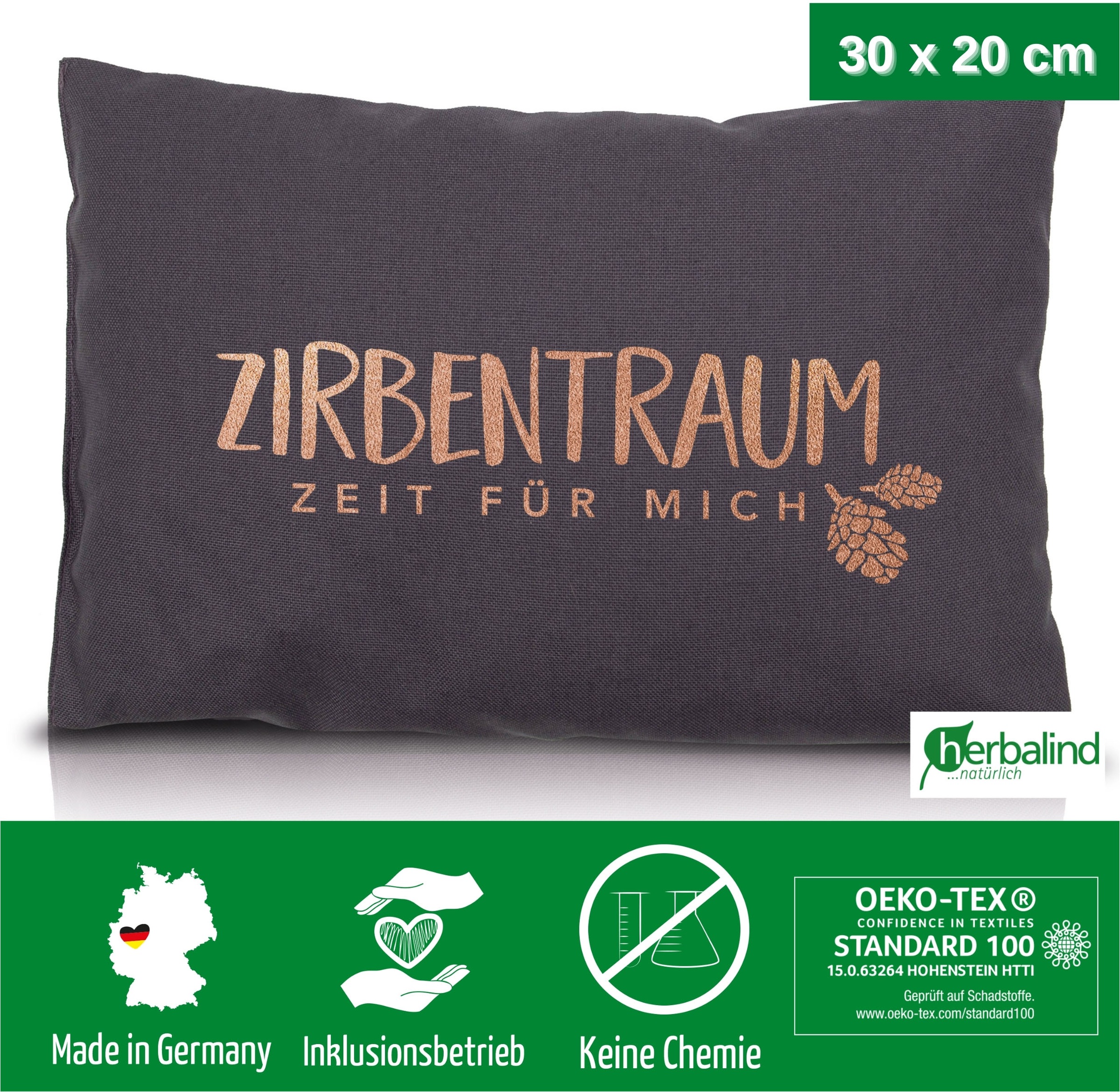 herbalind Zirbenkissen »Zirbentraum in Anthrazit/Roségoldfarben 30x20 mit Reissverschluss - Gefüllt«, (1 tlg.), mit hochwertigen Zirbenholzflocken 100% Baumwolle - Made in Germany