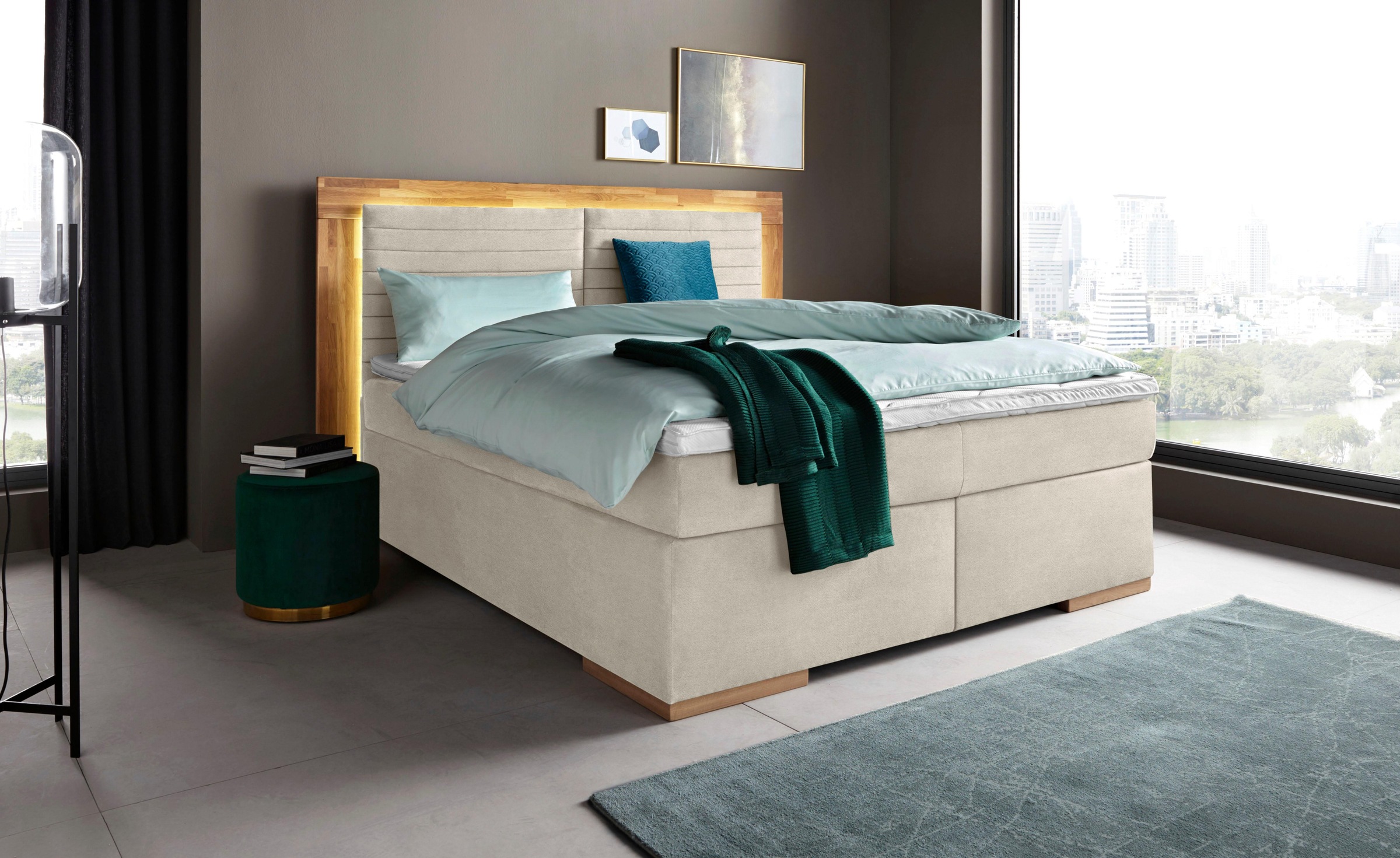 Image of Home affaire Boxspringbett "CUP inkl. TTFK-Matratze H2/H3/H4" mit LED-Beleuchtung, Massivholzrahmen und Topper, in 2 Härtegraden