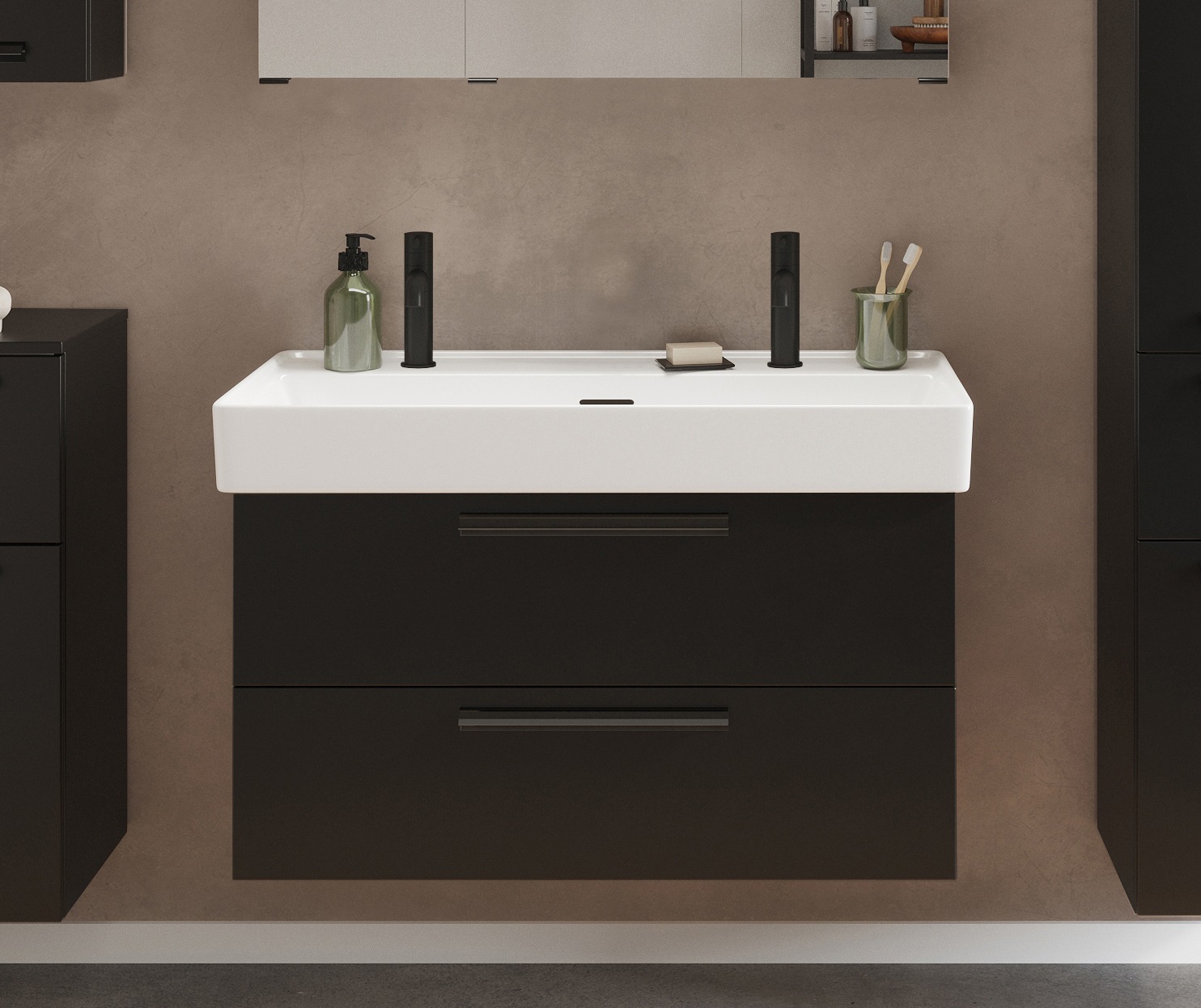 welltime Waschtisch "SALVADA, Softclose-Auszüge, Keramikbecken" Maße (B/T/H): 100/48/63 cm, Schwarz, Lochbohrung für zwei Armaturen, Anti-Finger-Print