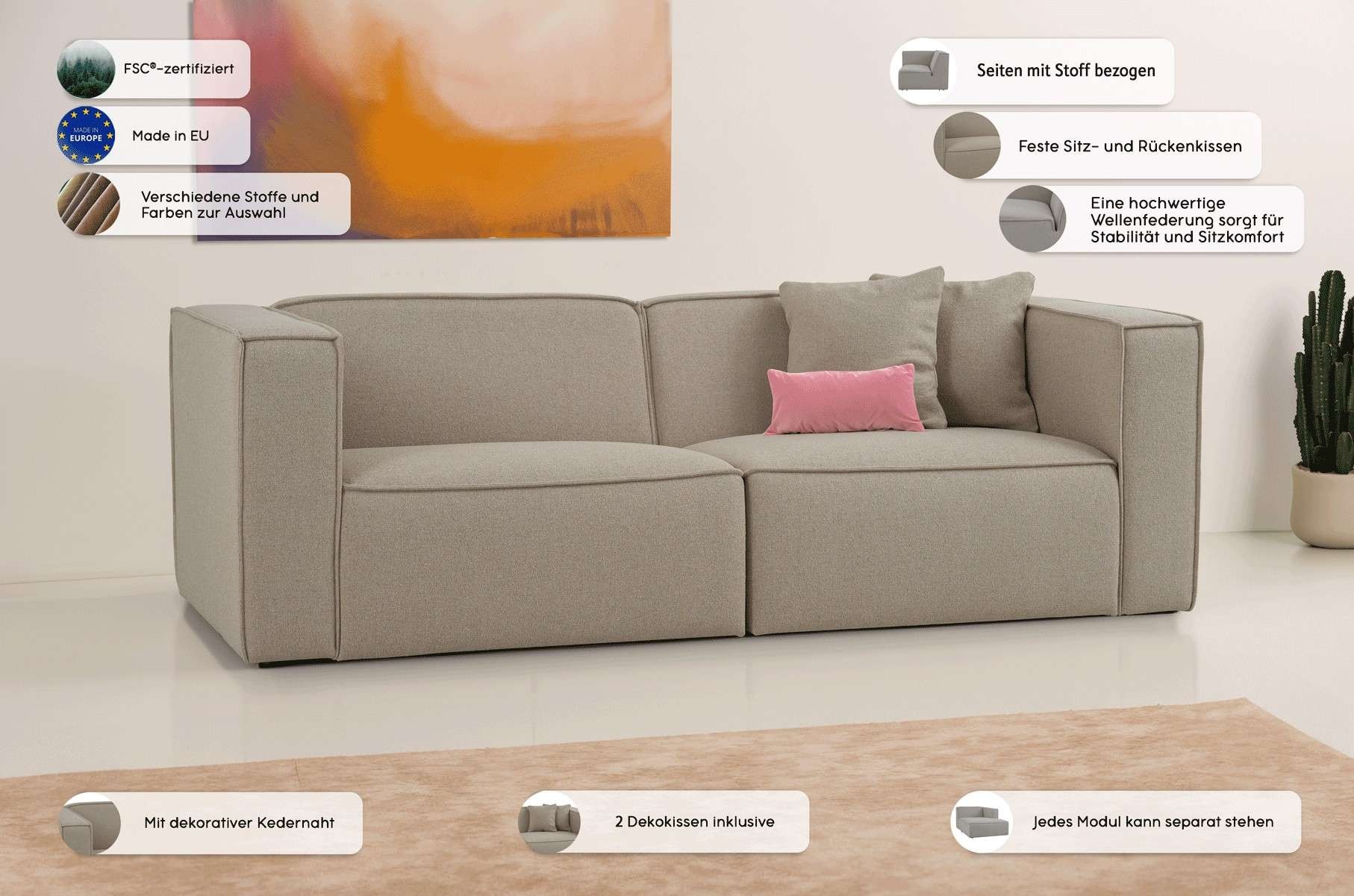 GOODproduct 3-places »Tammie« Breite 222 cm, Webstoff fein, bodentief, mit Wellenunterfederung