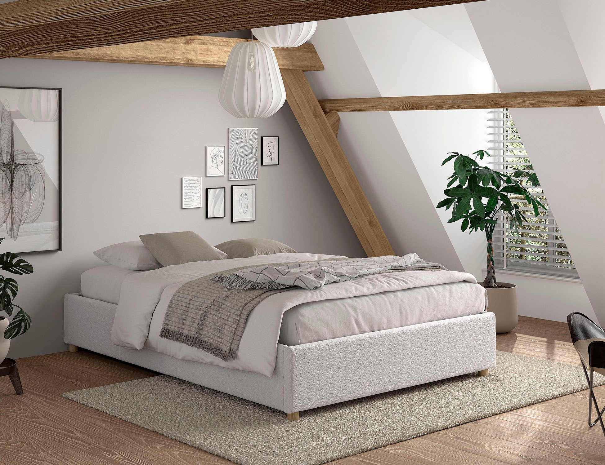 Vipack Chaise longue rembourrée »Moon, ideal unter Dachschrägen einsetzbar, Bettkasten bietet Stauraum« Massivholzfüsse, Bezug mit flauschigem Bouclé Stoff wahlweise 3 Farben