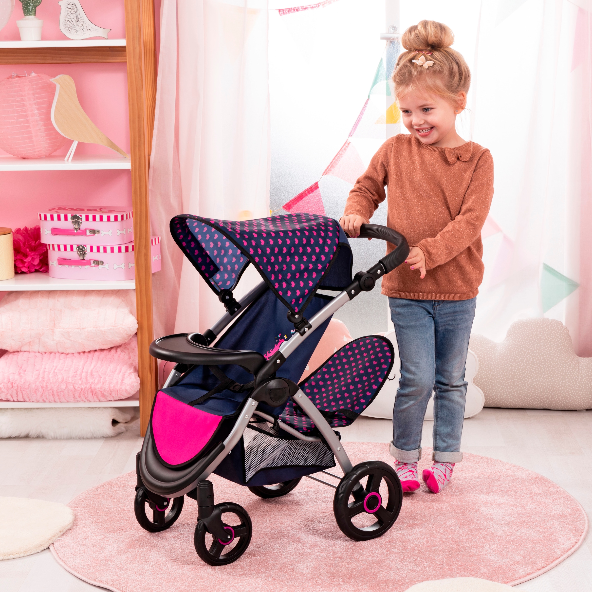 Bayer Puppen-Zwillingsbuggy »Twin Star, blau/pink« mit Wickeltasche