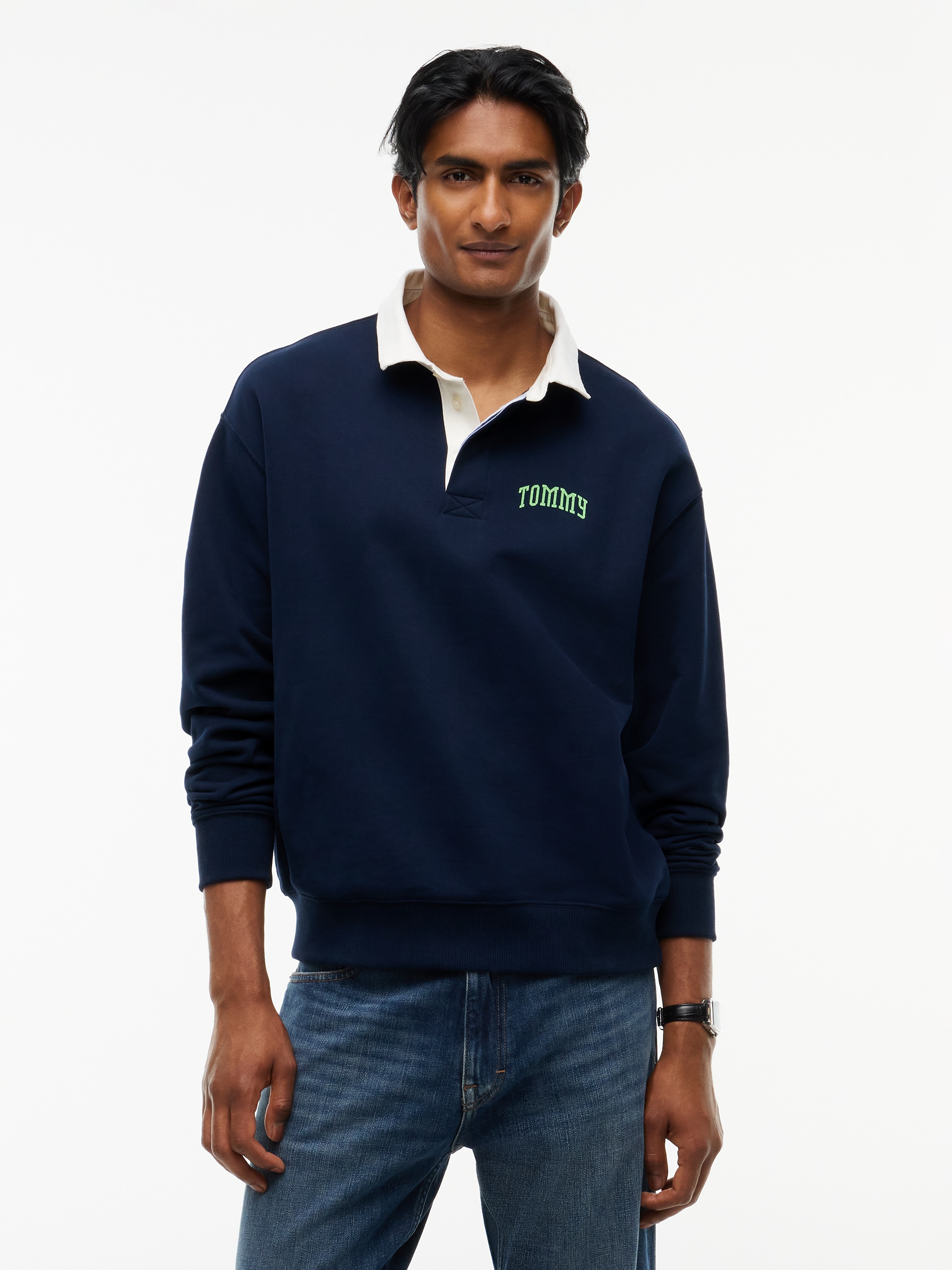 Image of Tommy Jeans Sweatshirt "TJM RLX TOMMY RUGBY EXT", aus Baumwoll-Terry, Polokragen, Relaxed Fit