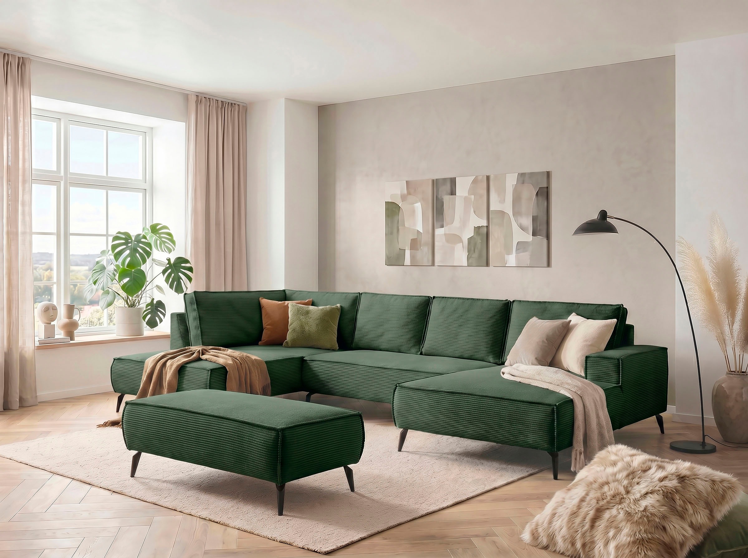 Image of GOODproduct Wohnlandschaft "TVINNU Cord, 360 cm, mit Hocker" Recamiere rechts/links, stellbar zum Schlafsofa (Krokodilverbinder)