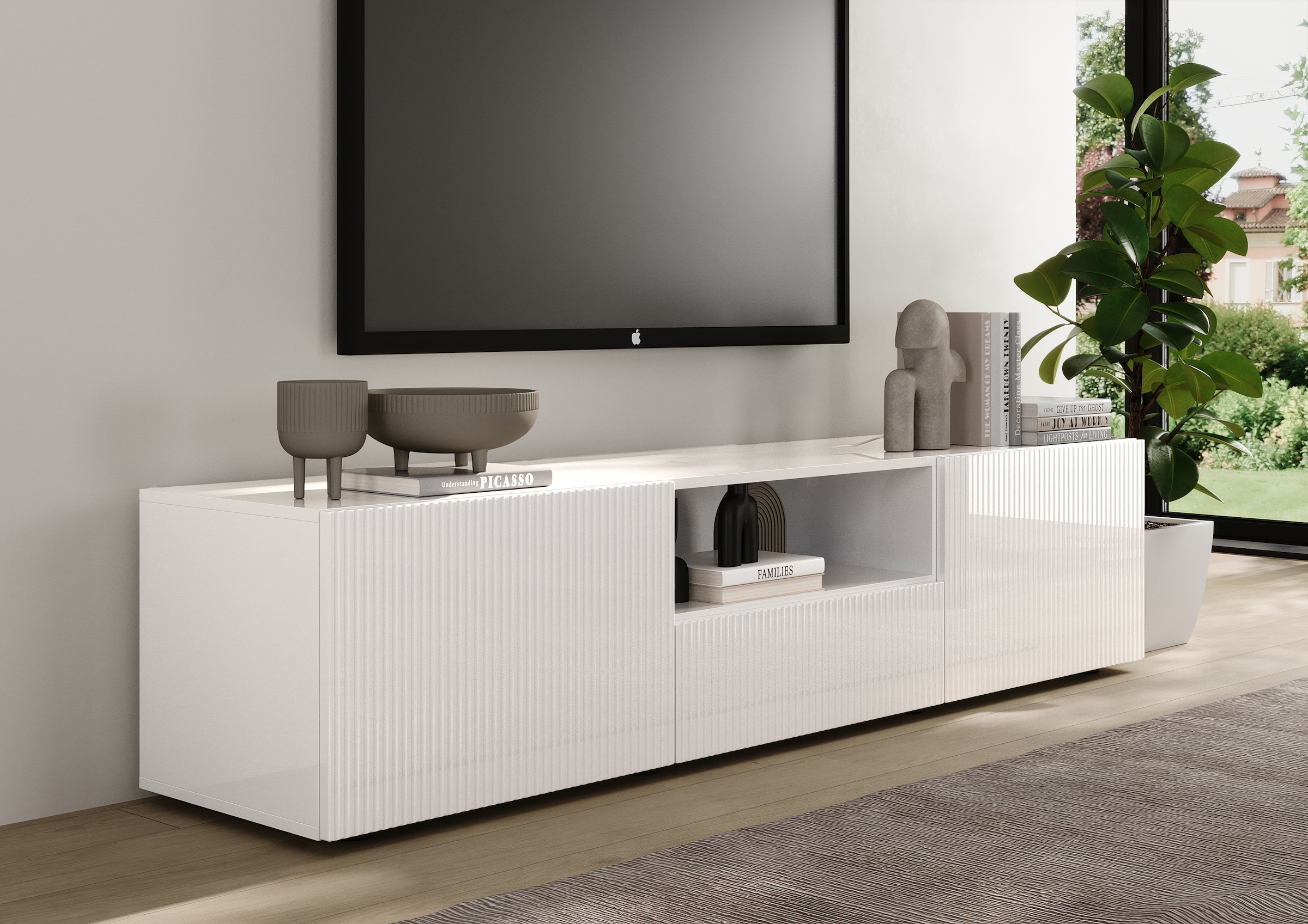 Home affaire Table basse »Rio Breite 181 cm, TV-Board 2 Türen u. 1 Schubkasten, TV-Schrank« Façades MDF rainurées, modernes et élégantes, gestion des câbles, beaucoup de rangement