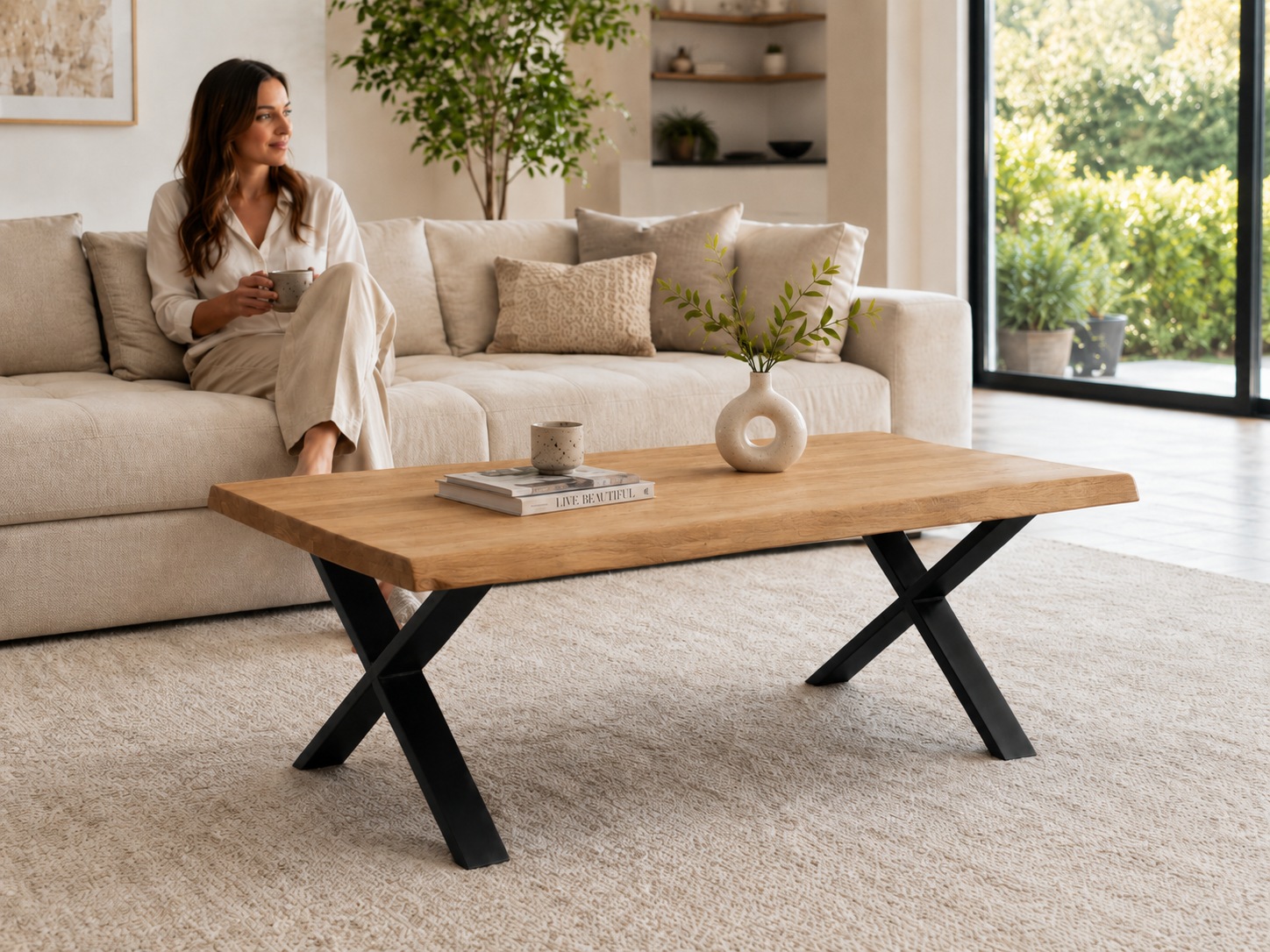 GOODproduct Couchtisch »Narvik, Wohnzimmertisch, Sofatisch, Beistelltisch, Kaffeetisch« Wildeiche geölt Natur/Smoke, Baumkante, Metallgestell