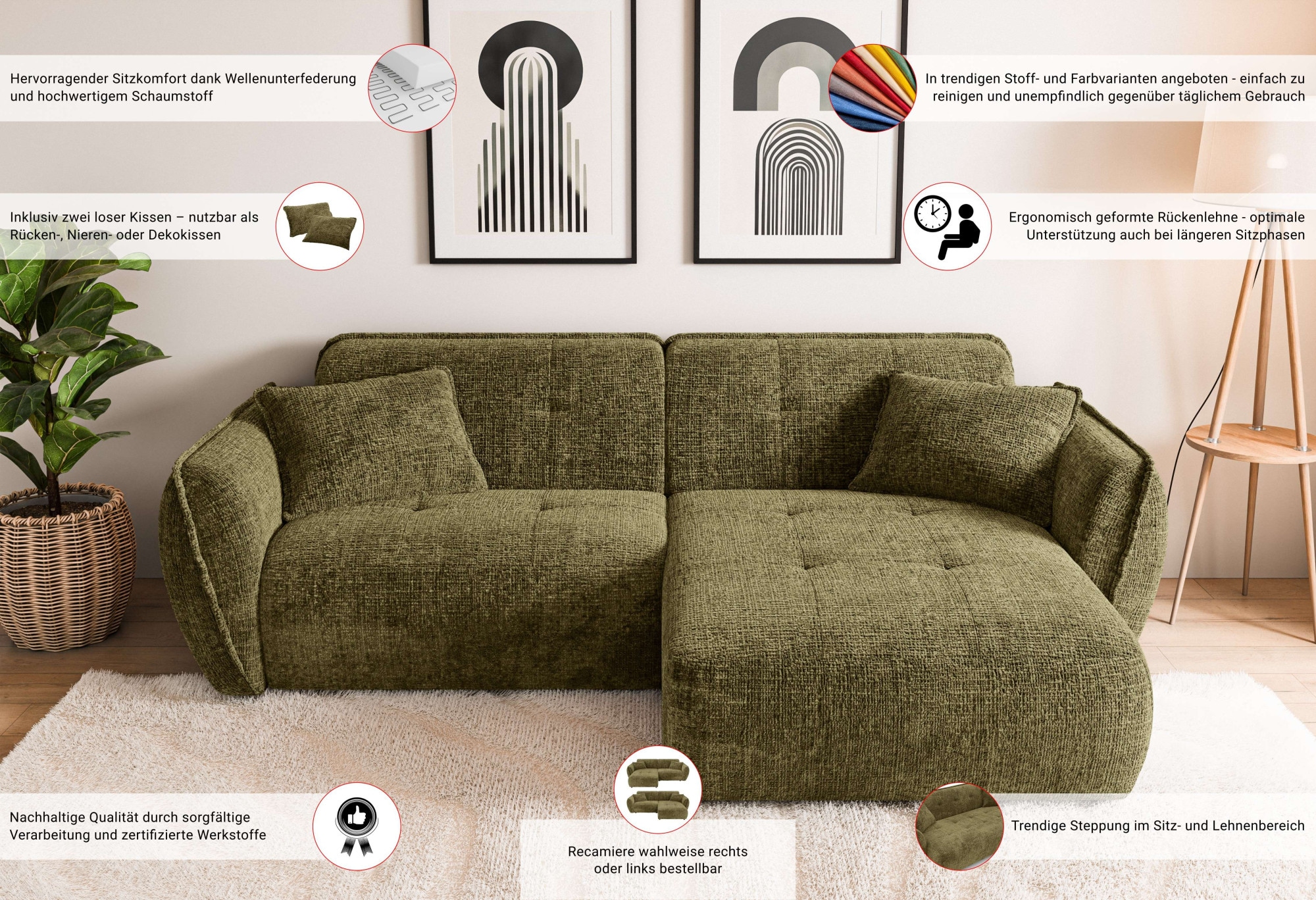 Home affaire Ecksofa »MIRELDA L-Form mit Steppungen, Recamiere rechts/links, Breite 253 cm« Sitztiefe 62 cm, elegant und bequem, 2 Zierkissen, belastbar bis 480kg