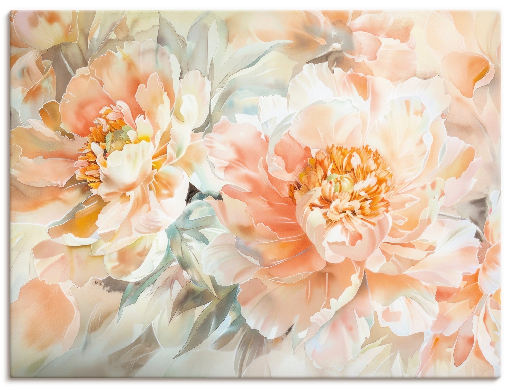 Image of Artland Wandbild "Pfirsisch Farbene Pfingstrosen Aquarell" Blumenbilder 1 Stk. tlg. als Alubild, Leinwandbild, Poster, Wandaufkleber in verschied. Grössen