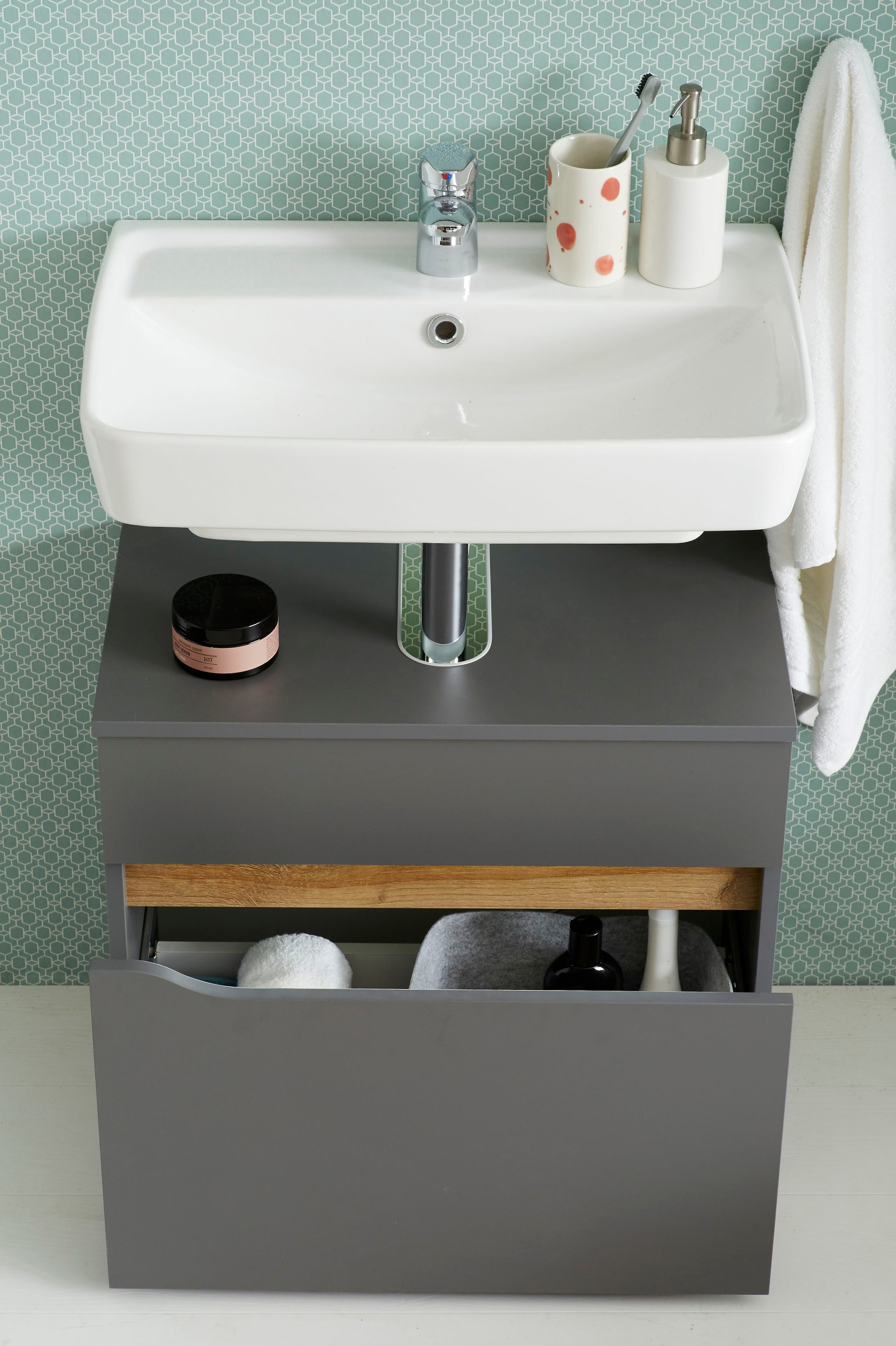 Saphir Waschbeckenunterschrank »Quickset Unterbeckenschrank, 60 cm breit, 1 Schublade« Waschbeckenschrank mit Siphonausschnitt, ohne Waschbecken, grifflos