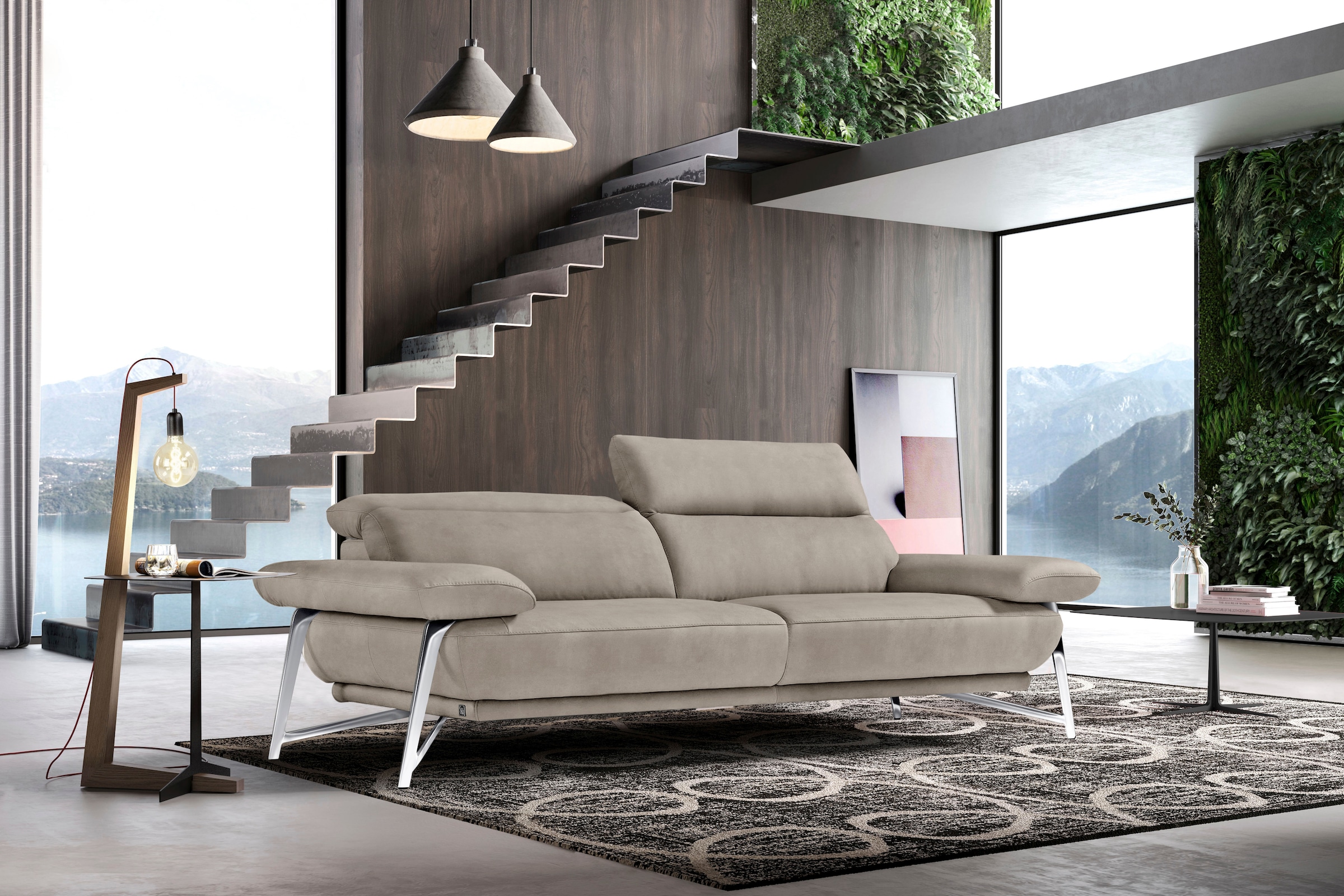 Egoitaliano Sofa »Anais, erstklassiger Sitzkomfort, Fussfarbe chrom« Set, Kopfteil verstellbar, Luxus-Microfaser Lederoptik, opal grau
