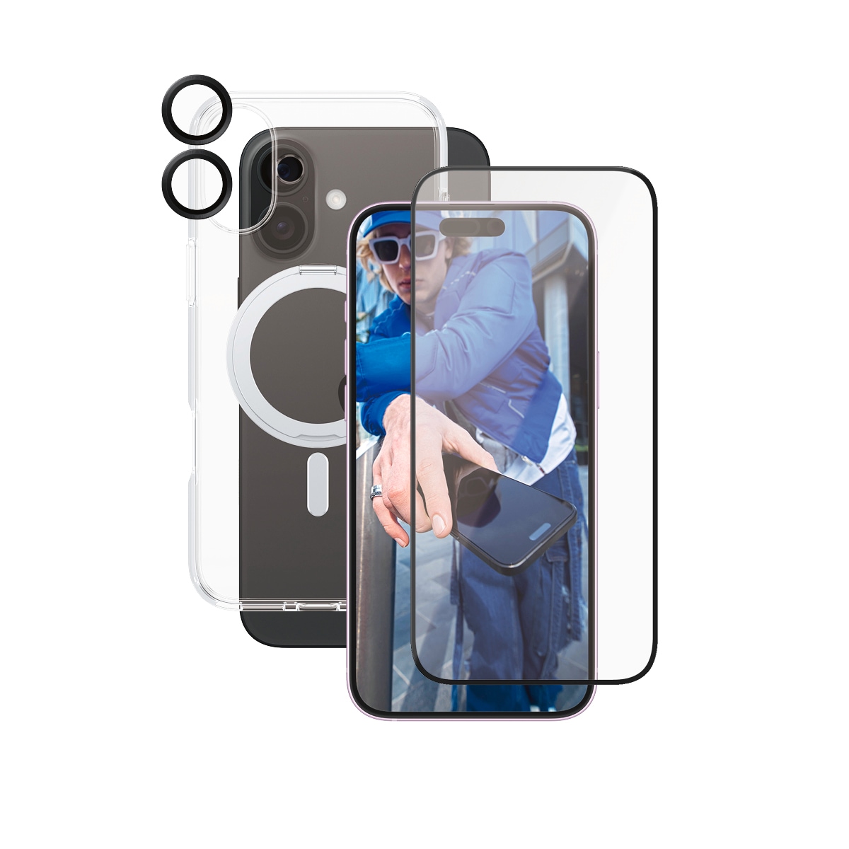 CARE by PanzerGlass Displayschutzglas »3-in-1 Protection, Ceramic Glass, Kickstand Case, Lens Cover«, für Apple iPhone 16 Plus, Displayschutzfolie, Schutzfolie, Bildschirmschutz, kratz- & stossfest