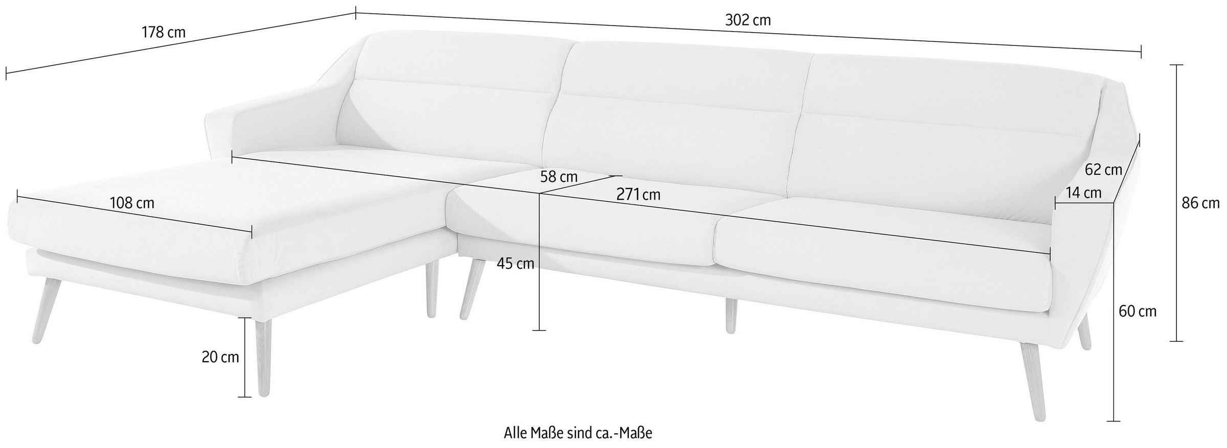 andas Ecksofa »Bille L-Form«, mit Naht im Rückenkissen und Beinen aus Eichenholz
