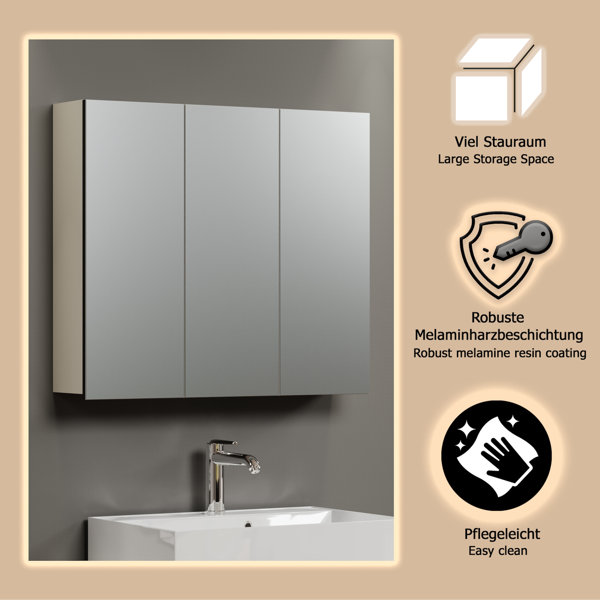 welltime Spiegelschrank »Amrum« 1 Stk. tlg. 3-Türiger Badspiegel mit Stauraum - Masse (B/T/H) 90/20/80 cm