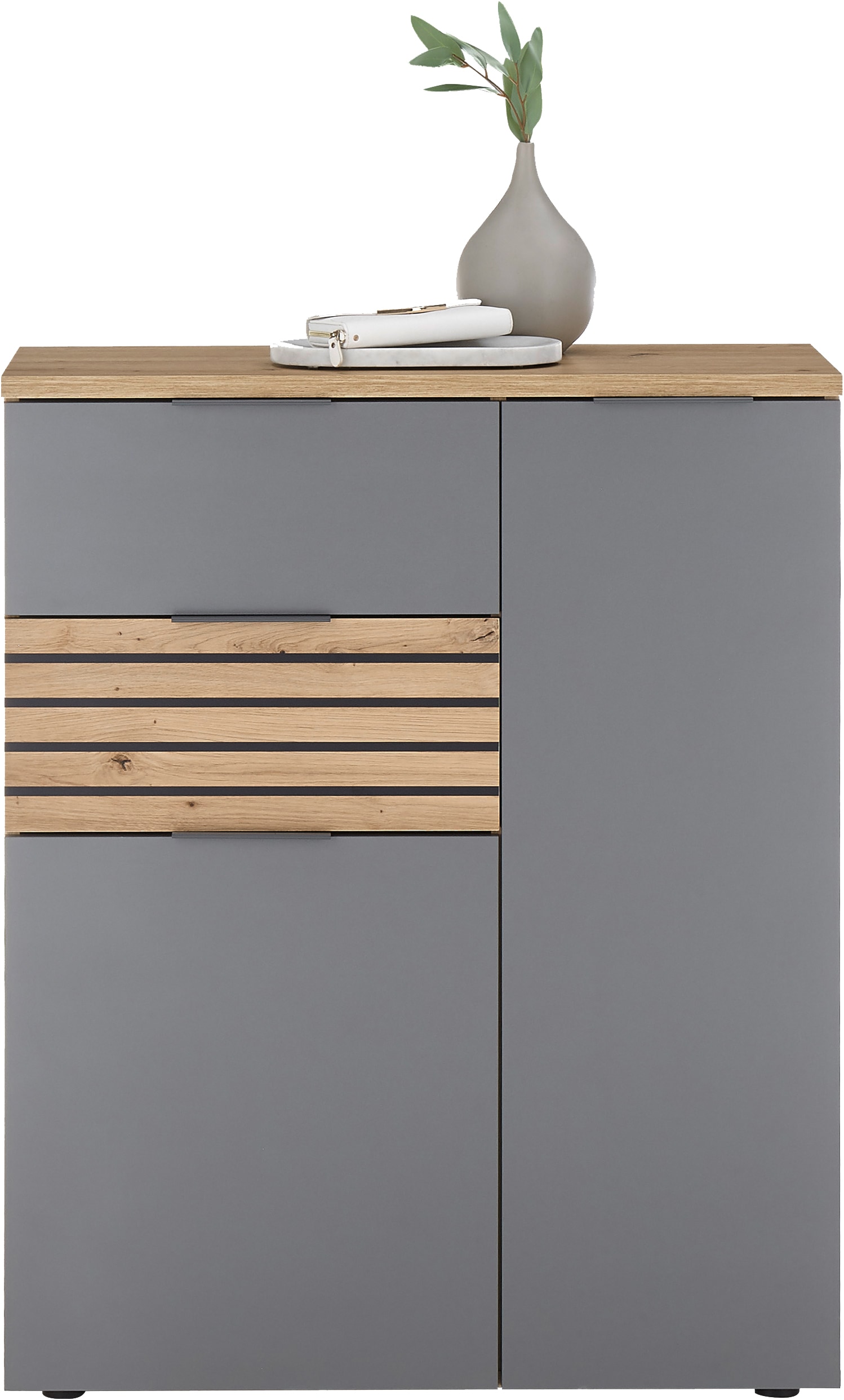 HBZ Garderoben-Set »5-tlg. Eiche Stripes Optik Flurgarderobe Stellmass BxHxT 260x197x38 cm«, (5 St.), Mit Schuhkommode, Hochschrank, Bank, Paneel, Spiegel