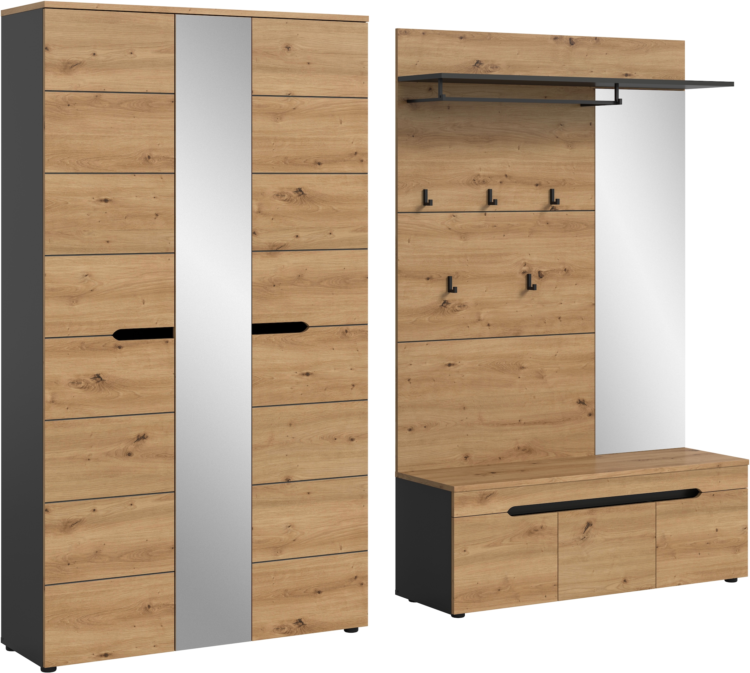 Home affaire Garderoben-Set »REHAT, TOPSELLER!, 3-teilig, Breite 240 cm, individuell stellbar« Set, best. aus: Garderobenschrank, Sitzbank & Garderobenpaneel, 3 Stk. tlg.