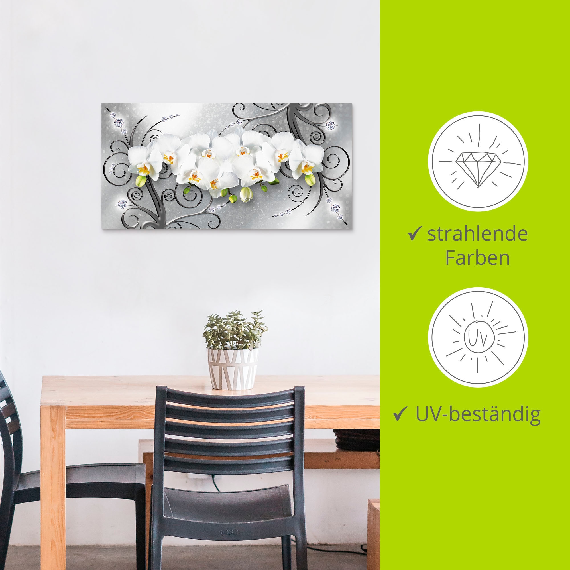 Artland Wandbild »weisse Orchideen auf Ornamenten«, Blumenbilder, (1 St.), als Alubild, Outdoorbild, Leinwandbild, Poster, Wandaufkleber
