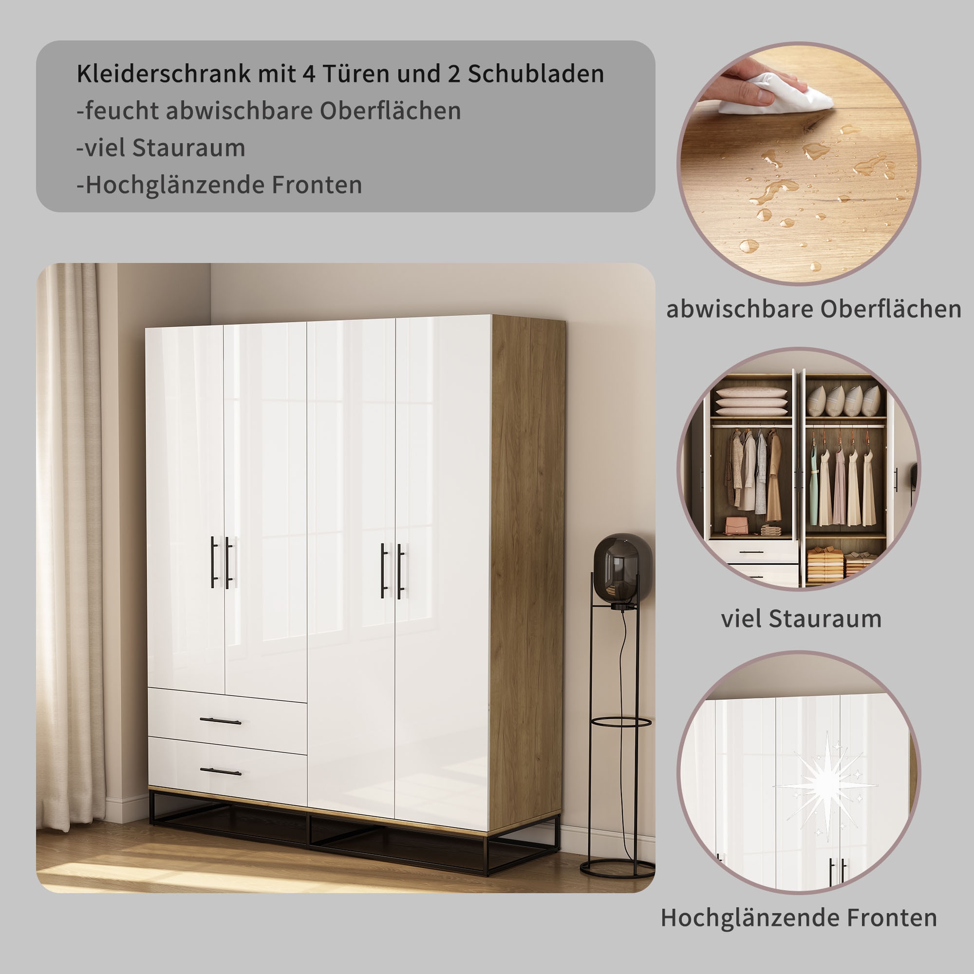 GOODproduct Kleiderschrank »Lucca Schlafzimmerschrank Garderobe Hochglanz Bestseller« Schwarze Griffe und Kufengestell aus Metall,  Schlafzimmerschrank mit 4 Türen und 2 Schubladen, Breite 160cm