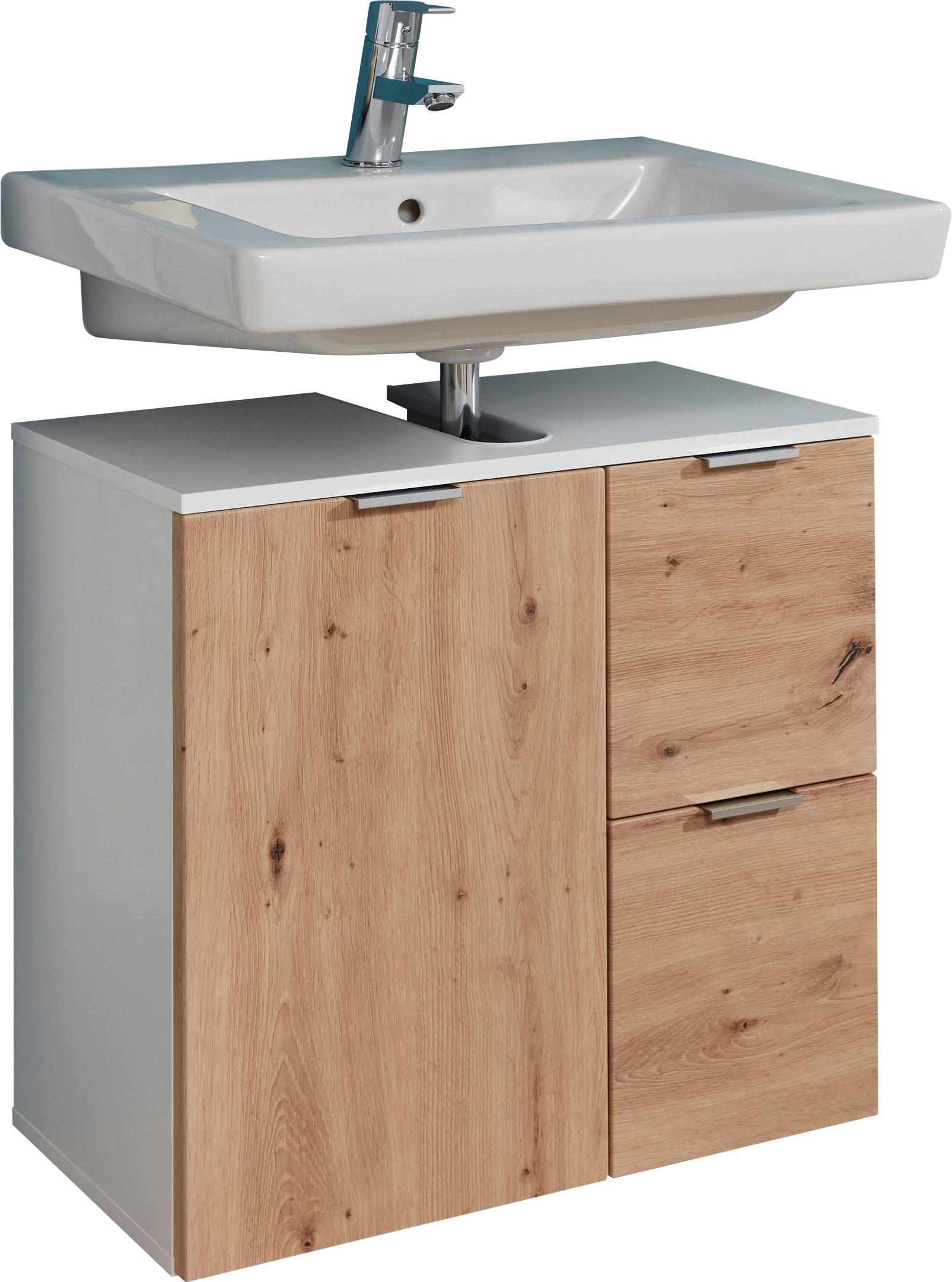 trendteam Waschbeckenunterschrank »Concept One«, Waschtisch mit 2 Fächern und 2 Schubladen in Weiss/Echtholzoptik