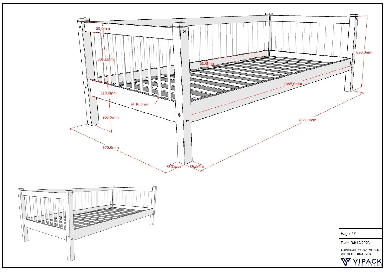 Vipack Daybett »Forrest mit Sprossenumrandung Ideal als Einzel- oder Gästebett« Liegefläche 90/200 cm, inkl. Rolllattenrost, Pfostenstärke  55x55 mm,  stabil und hochwertig gebaut, massiv Buche natur lackiert