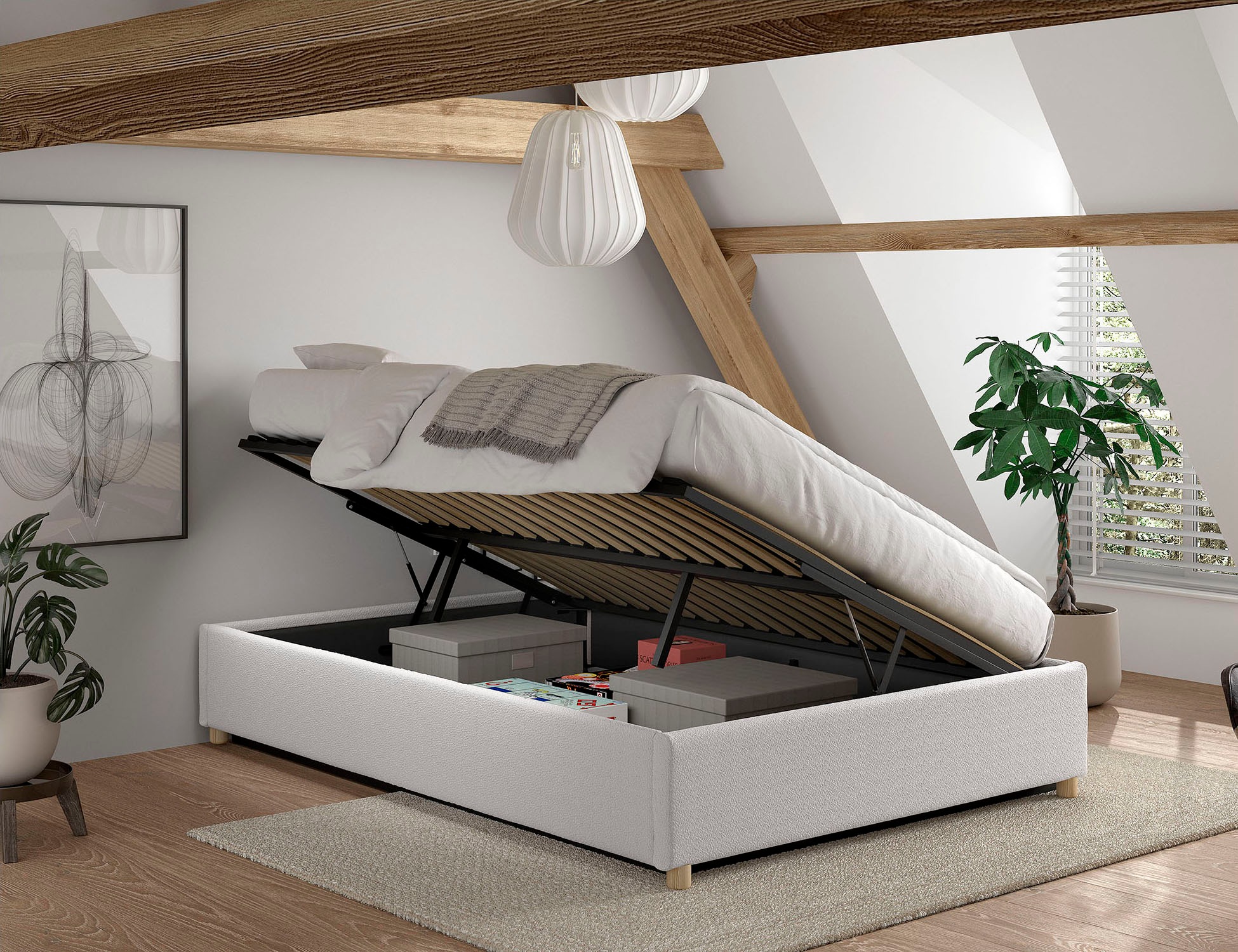Vipack Chaise longue rembourrée »Moon, ideal unter Dachschrägen einsetzbar, Bettkasten bietet Stauraum« Massivholzfüsse, Bezug mit flauschigem Bouclé Stoff wahlweise 3 Farben