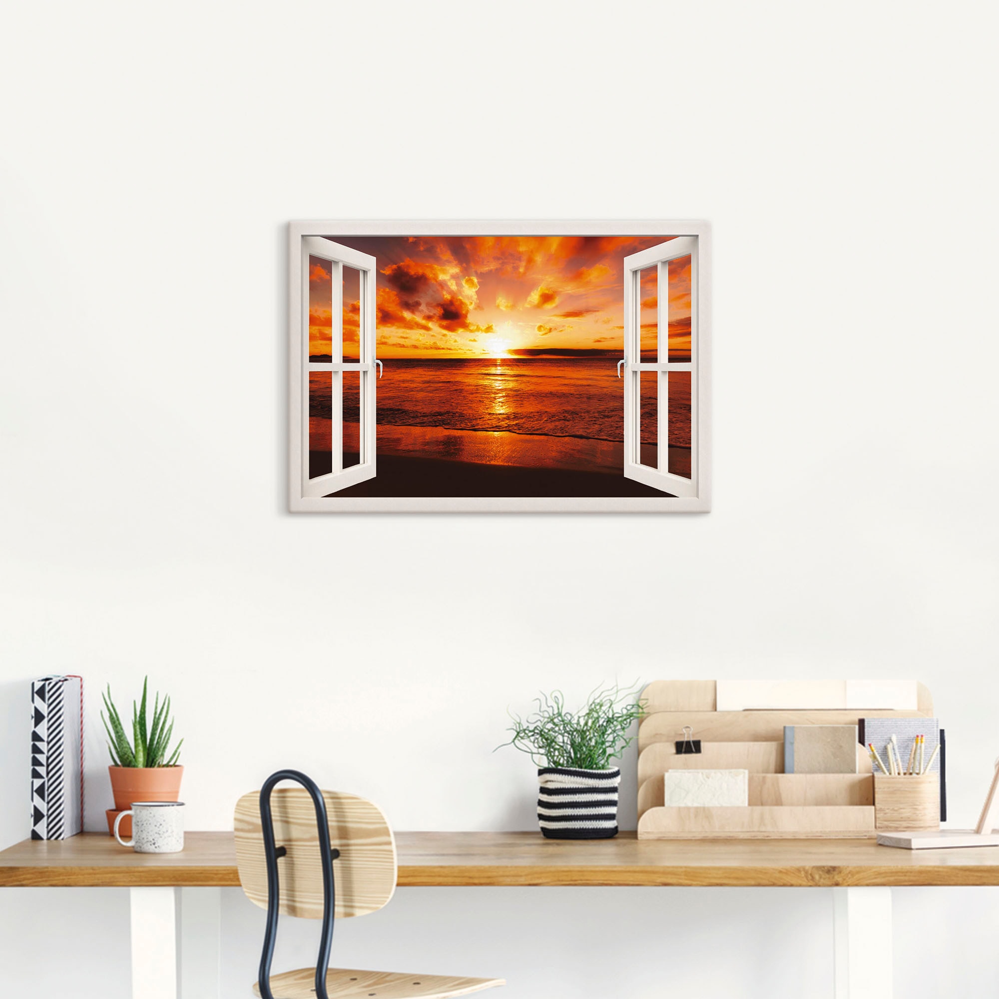 günstig Grössen Wandbild Artland oder St.), Poster Leinwandbild, am »Fensterblick als Wandaufkleber Fensterblick, (1 Strand«, versch. in Sonnenuntergang kaufen