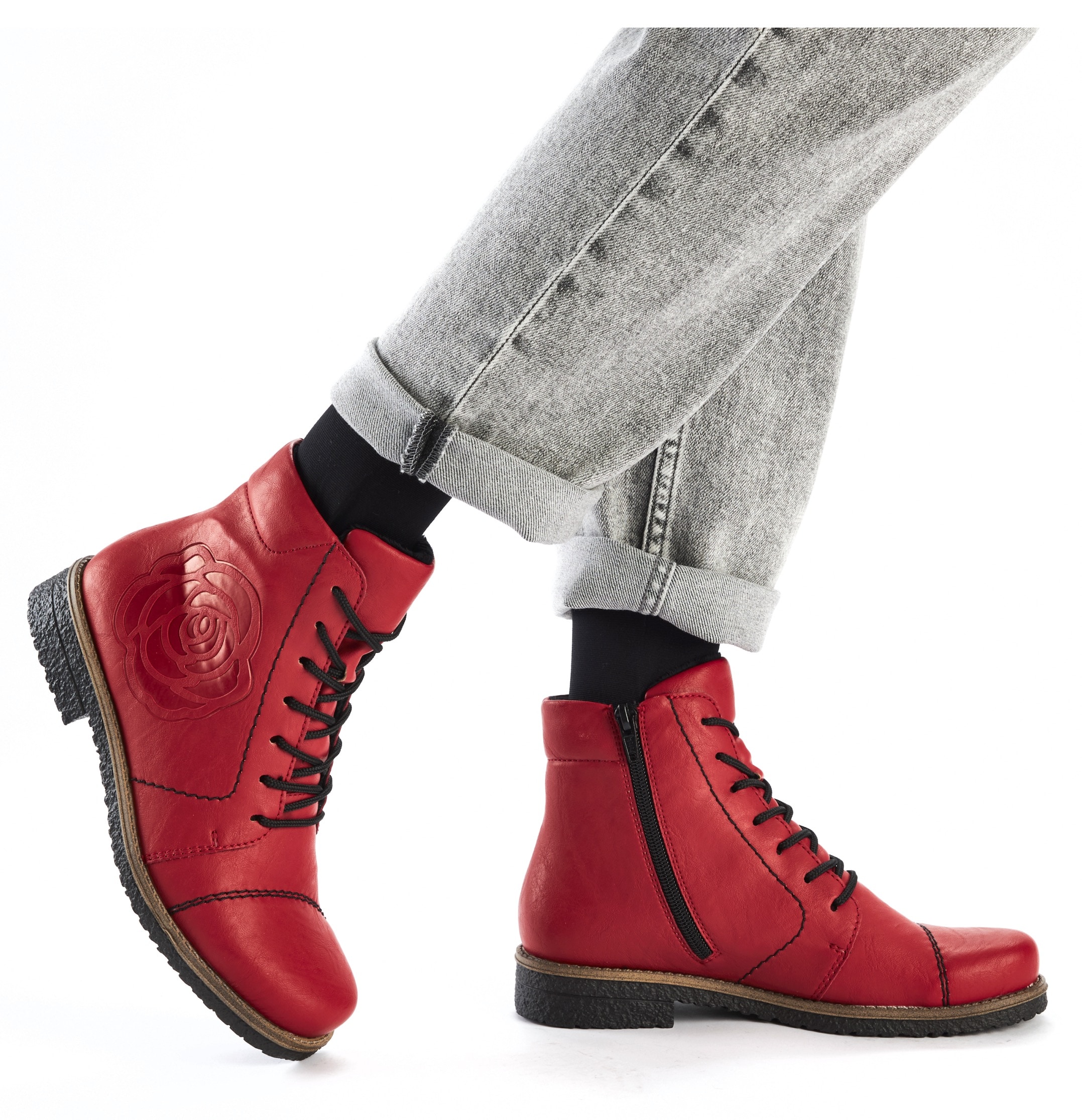Rieker Schnürstiefelette, Schnürboots, Reissverschluss-Stiefelette, Blockabsatz, Rosenmuster