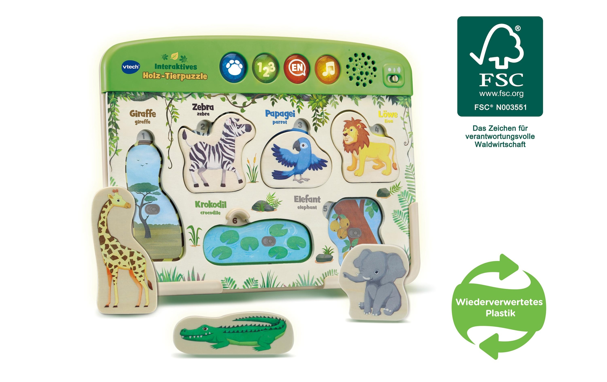 Vtech® Lernspielzeug »Interaktives Holz-Tierpuzzle«, (6 St.)