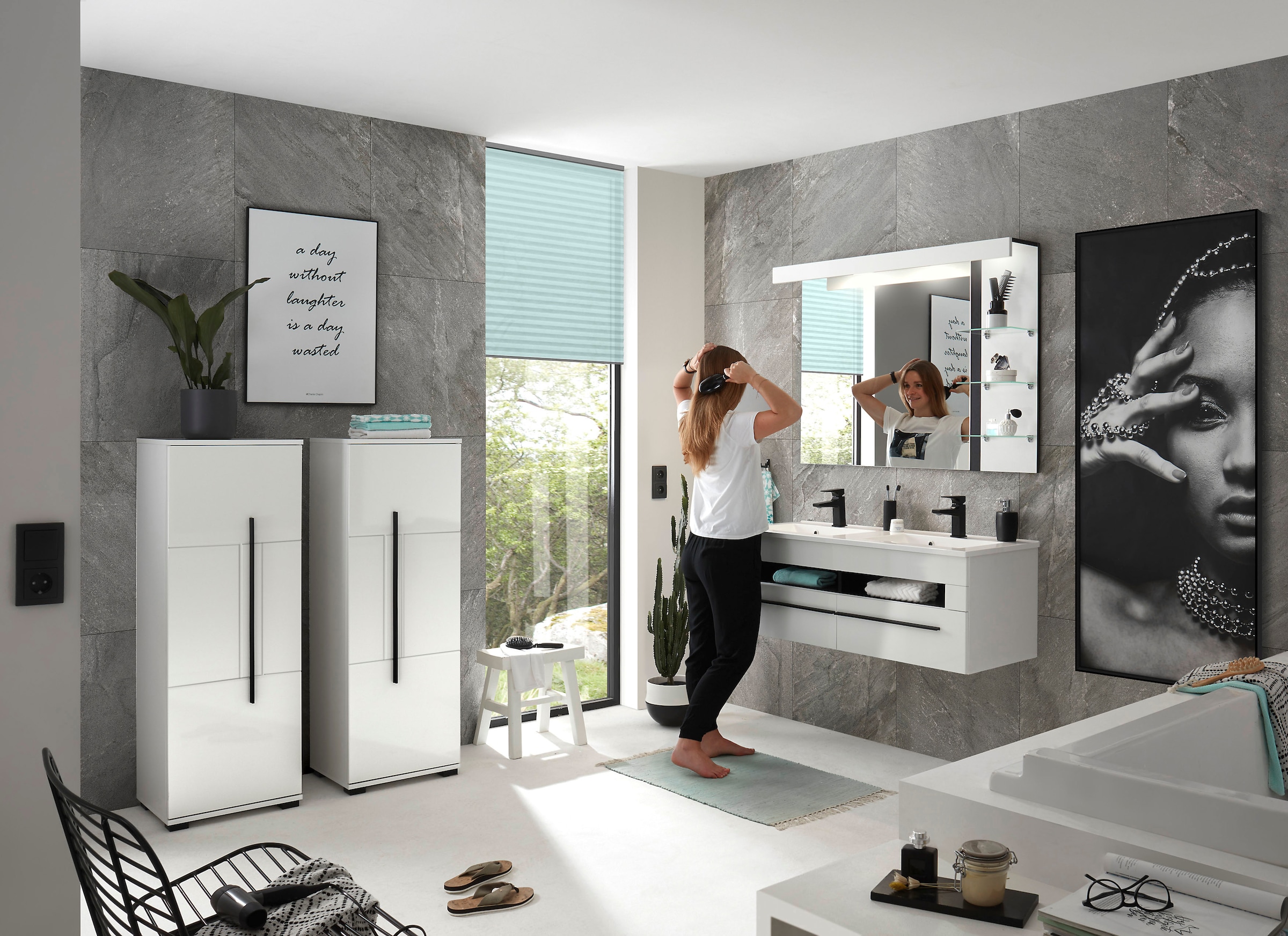 INOSIGN Badmöbel-Set »Cantara, Bad im modernen Design, 4-teiliges Badezimmer«, (Set, 4 St.), Waschtisch, Schränke und Spiegel, in Weiss Hochglanz, viel Stauraum